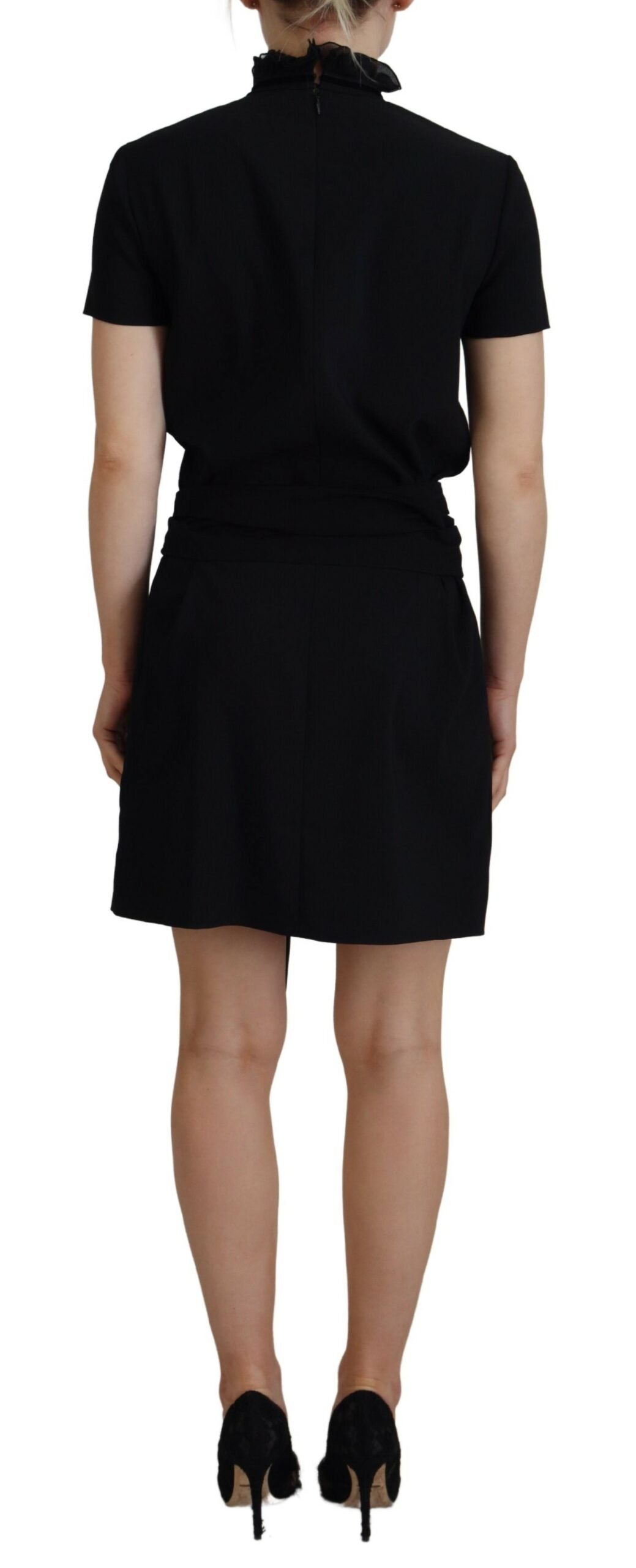 Zwarte polyester korte mouwen mantel mini-jurk