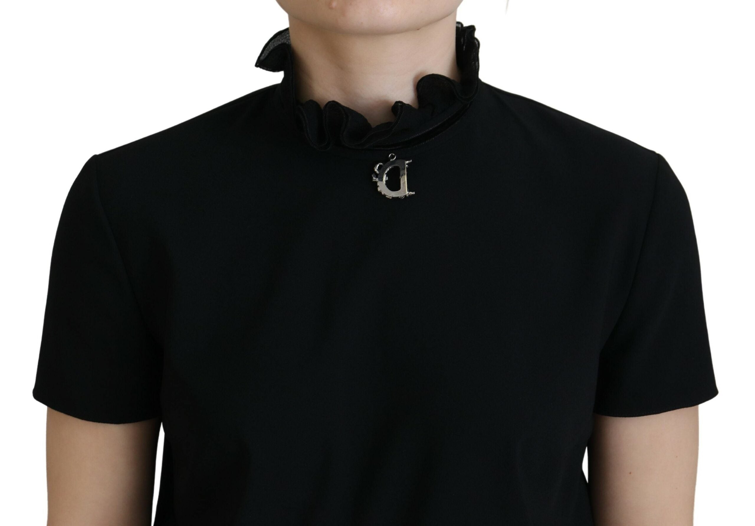 Zwarte polyester korte mouwen mantel mini-jurk