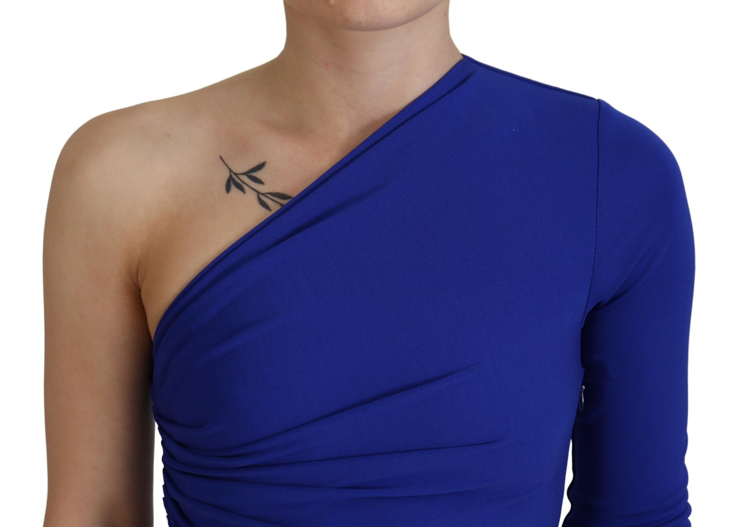 Blauwe viscose bodycon mini-jurk met één schouder en ruches