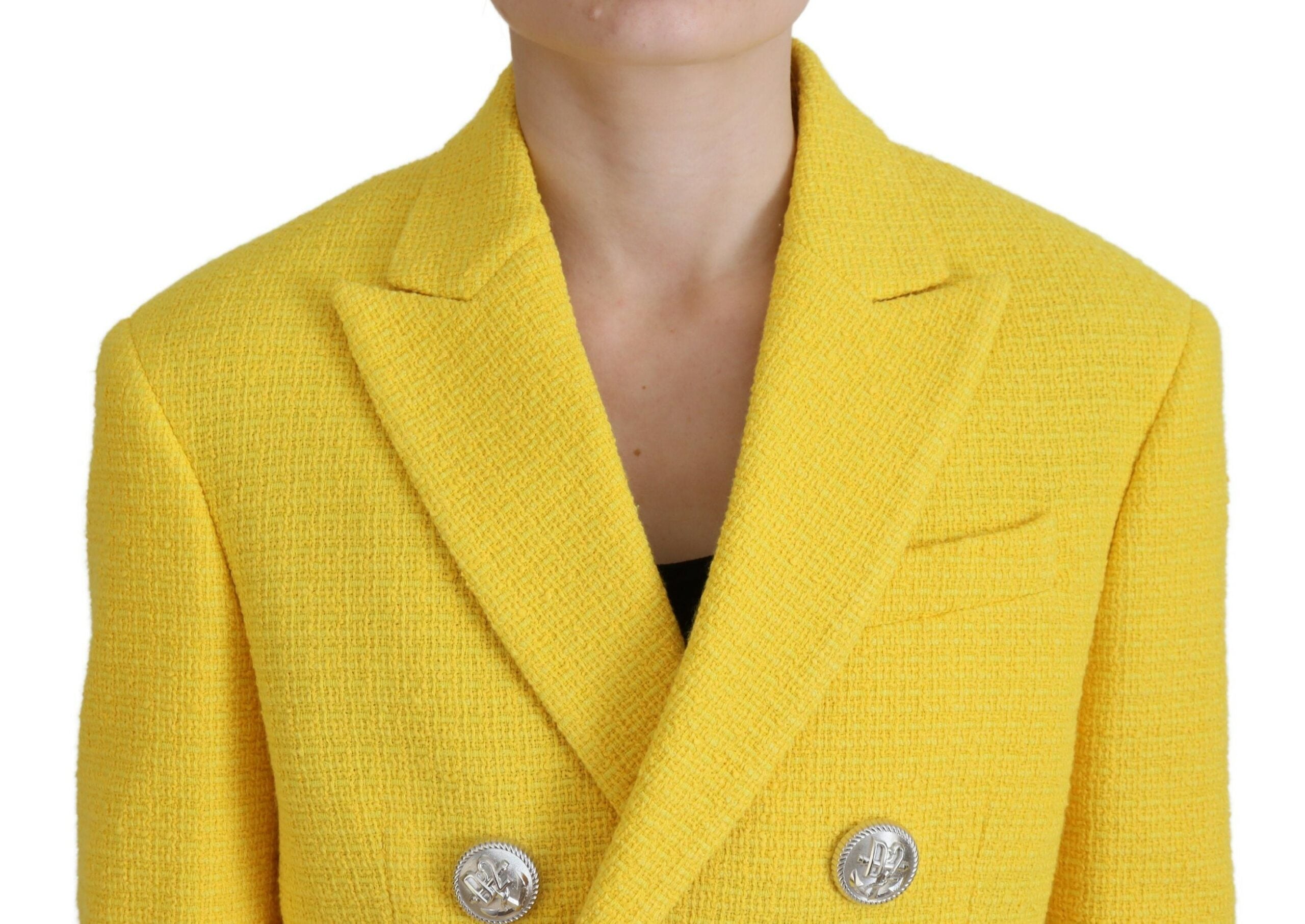 Gele dubbelrijs mini-pak blazer rok set