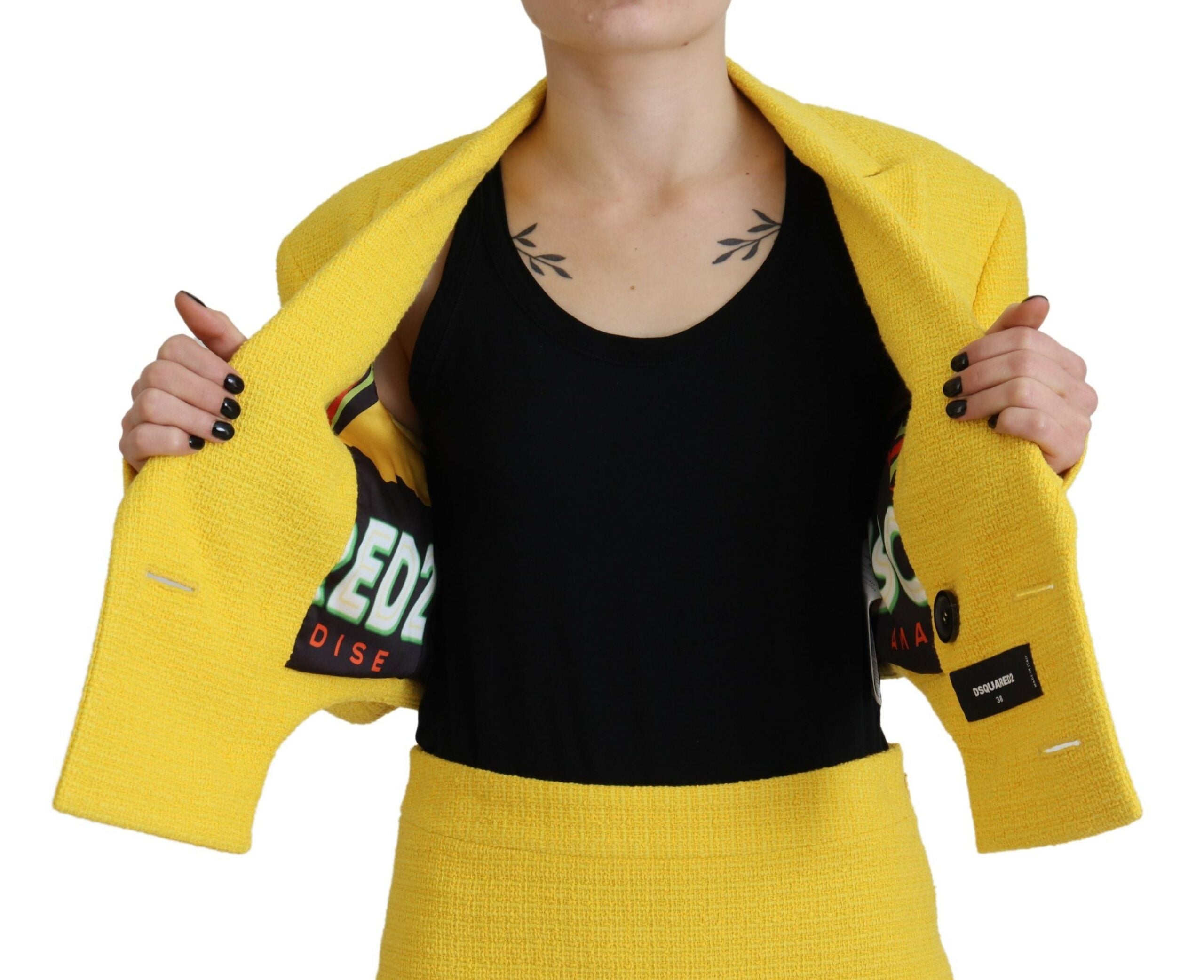 Gele dubbelrijs mini-pak blazer rok set