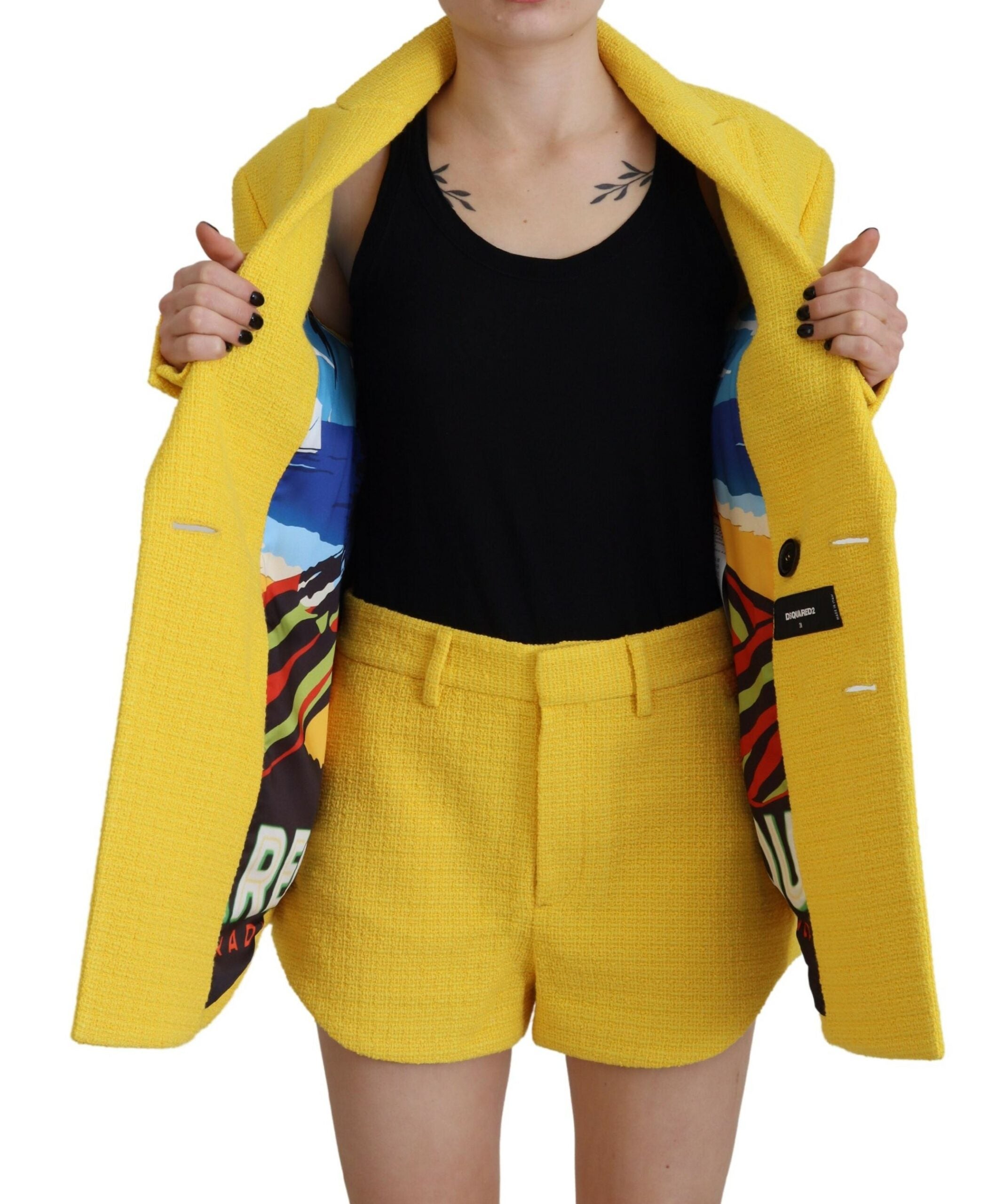 Gele piek dubbelrijs pak blazer korte set