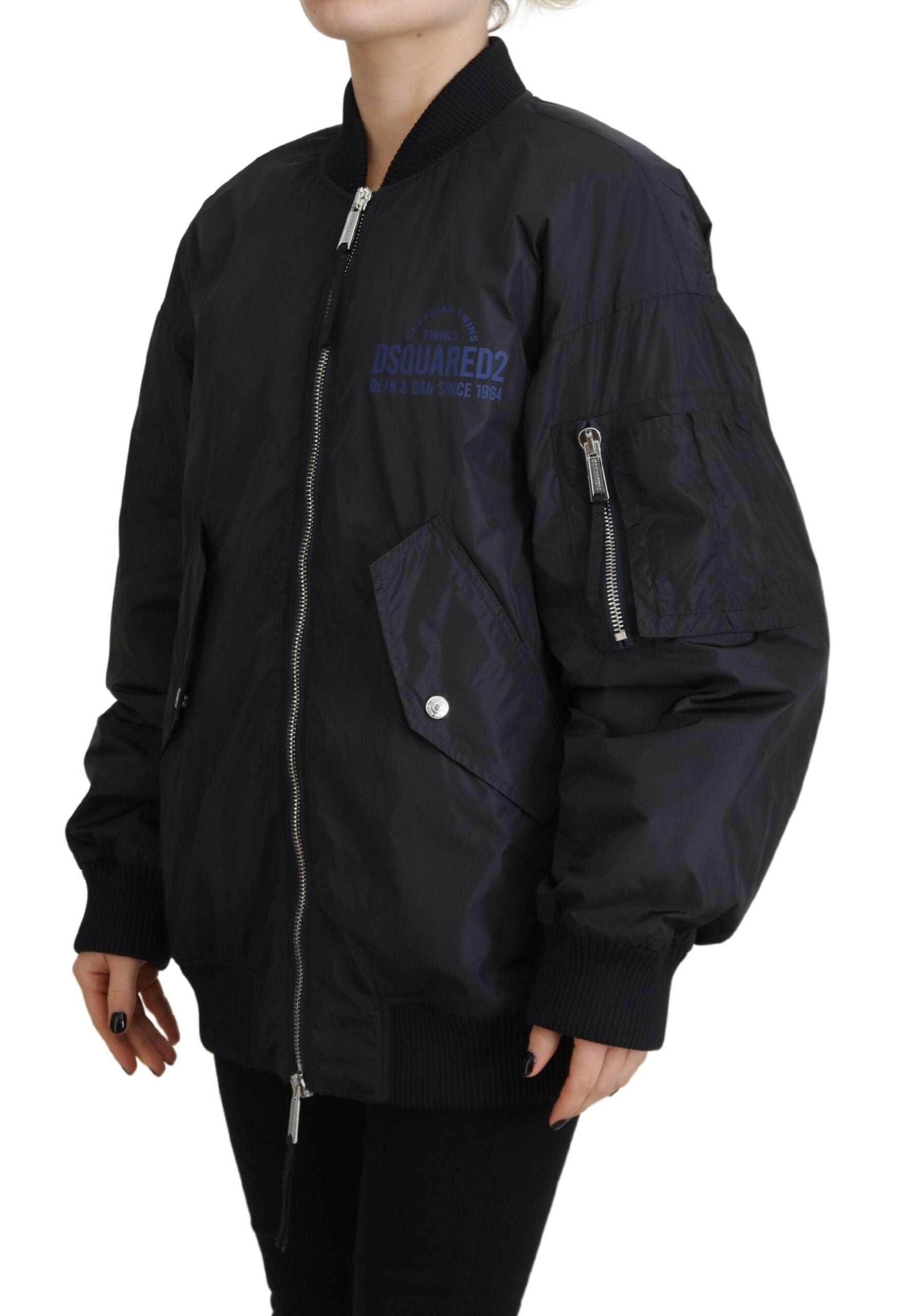 Zwarte damesbomberjack met logoprint en volledige ritssluiting