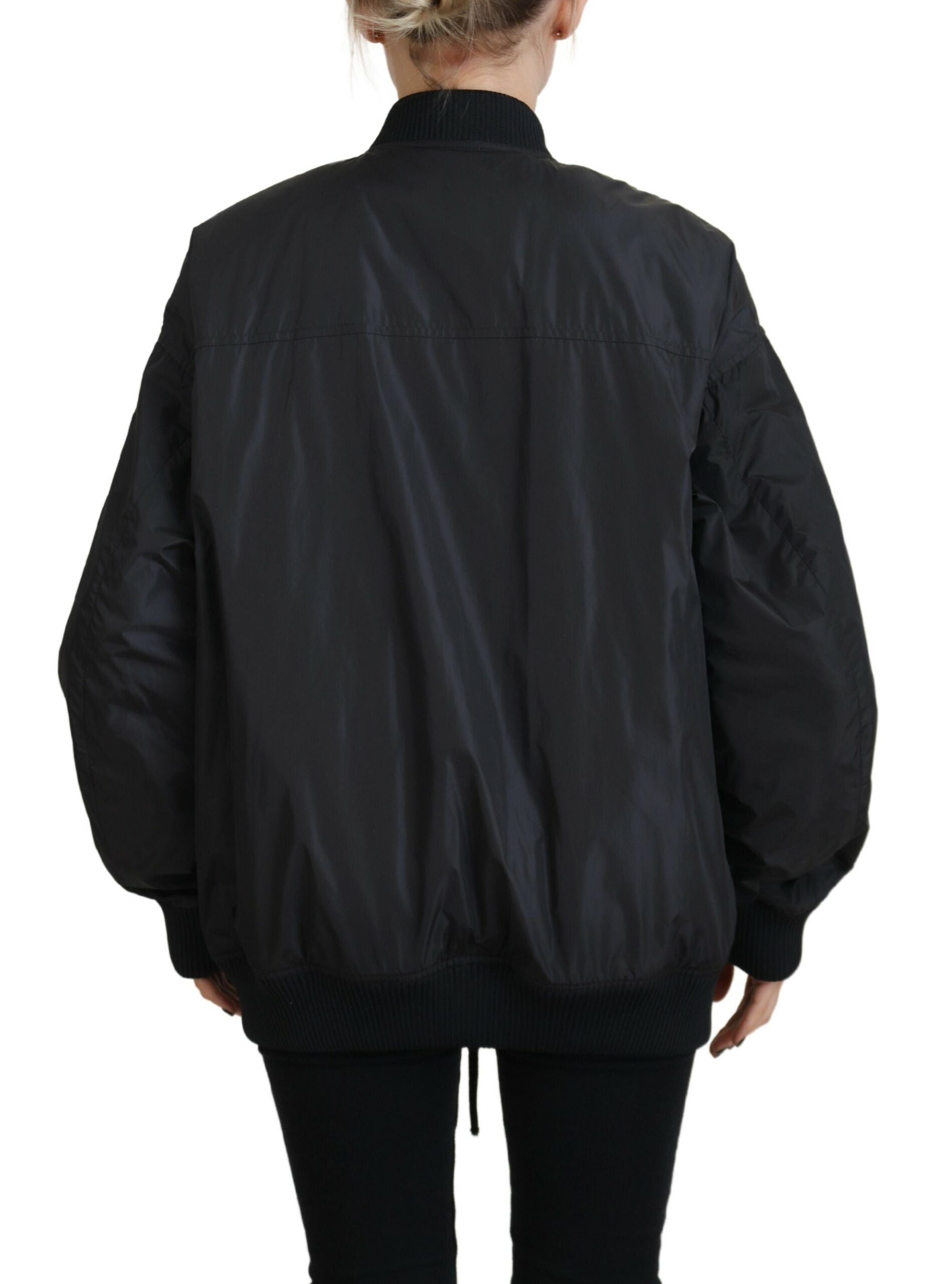 Zwarte damesbomberjack met logoprint en volledige ritssluiting