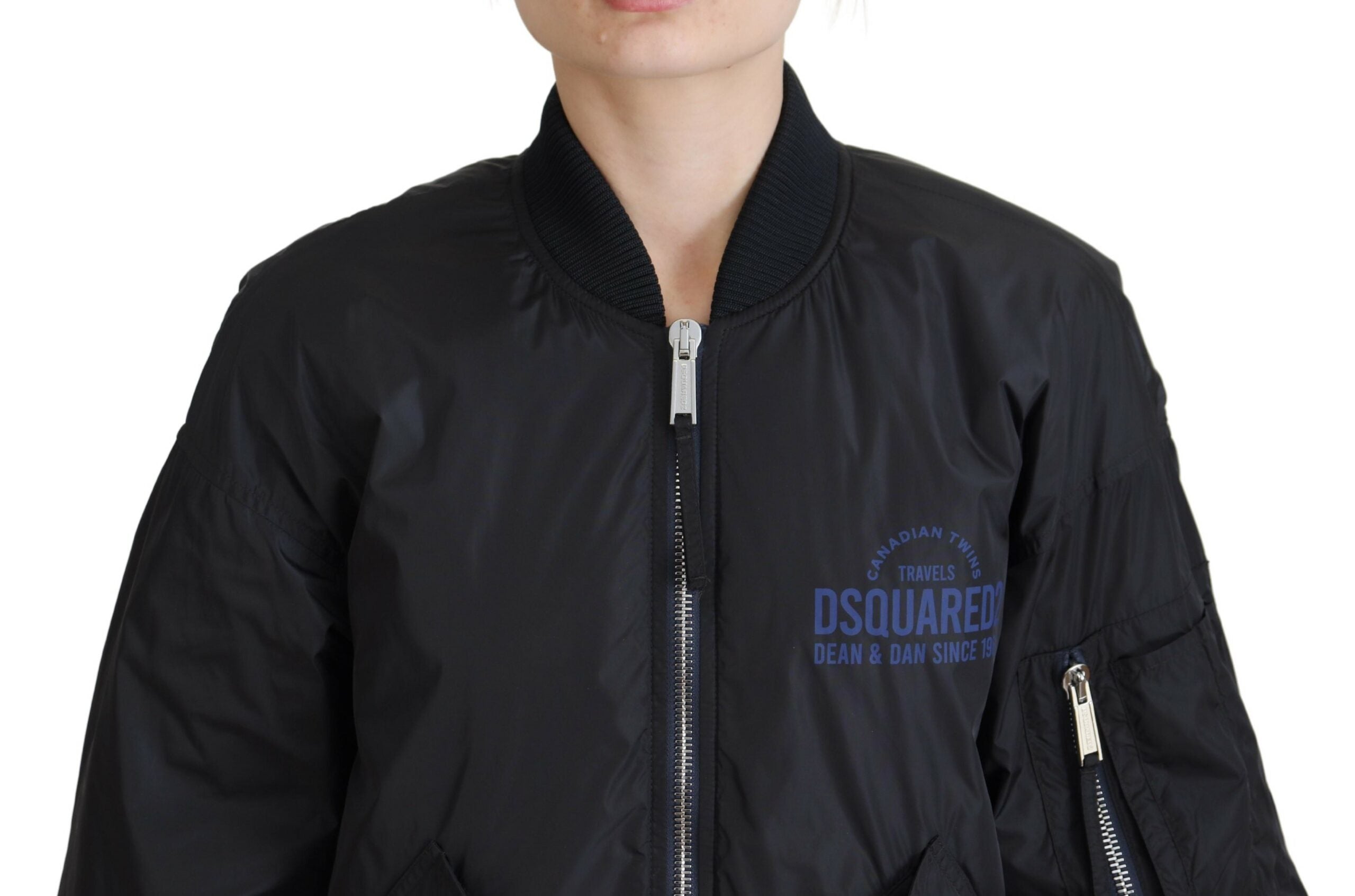 Zwarte damesbomberjack met logoprint en volledige ritssluiting