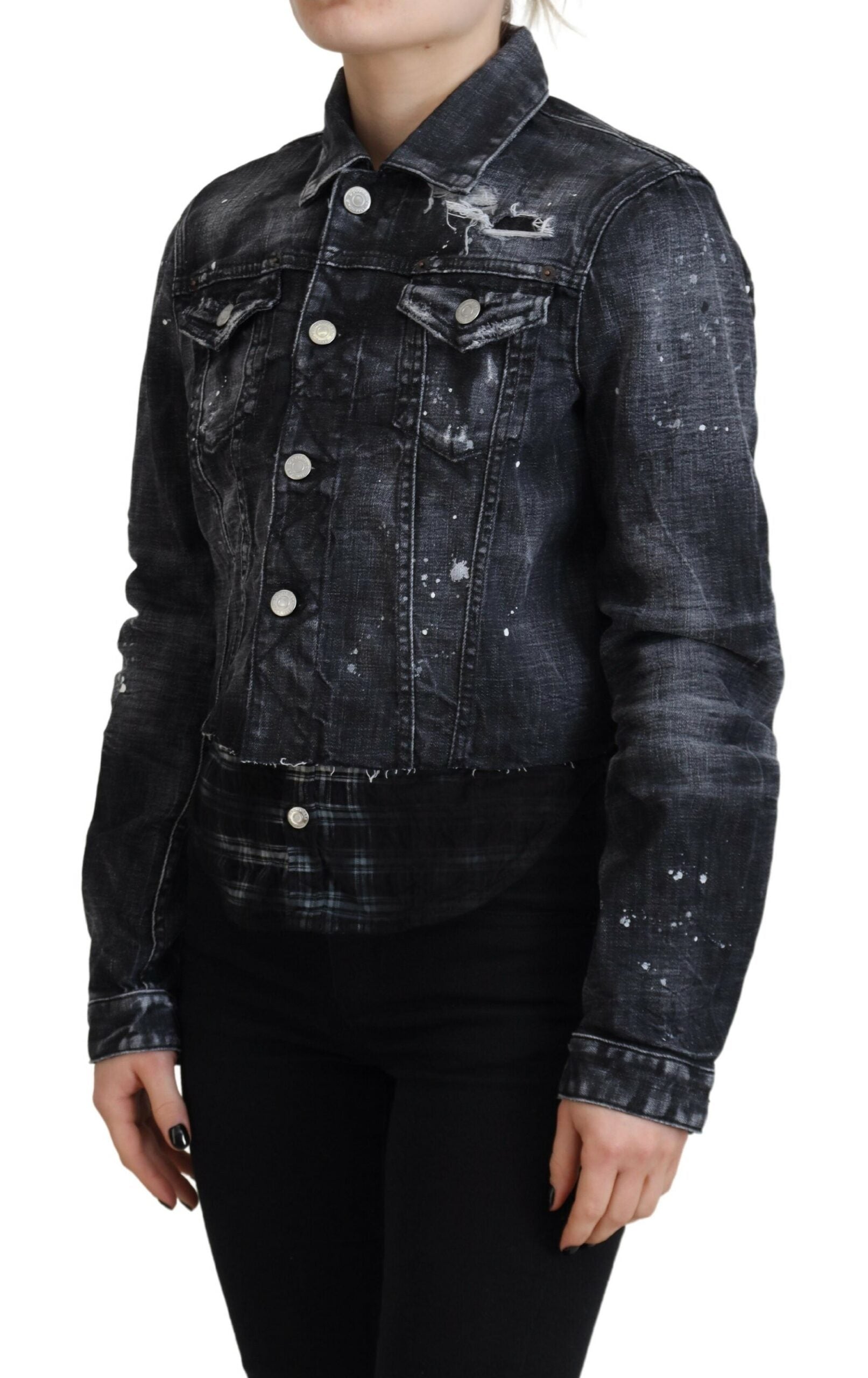 Grijs gewassen katoenen denim jack met slijtage