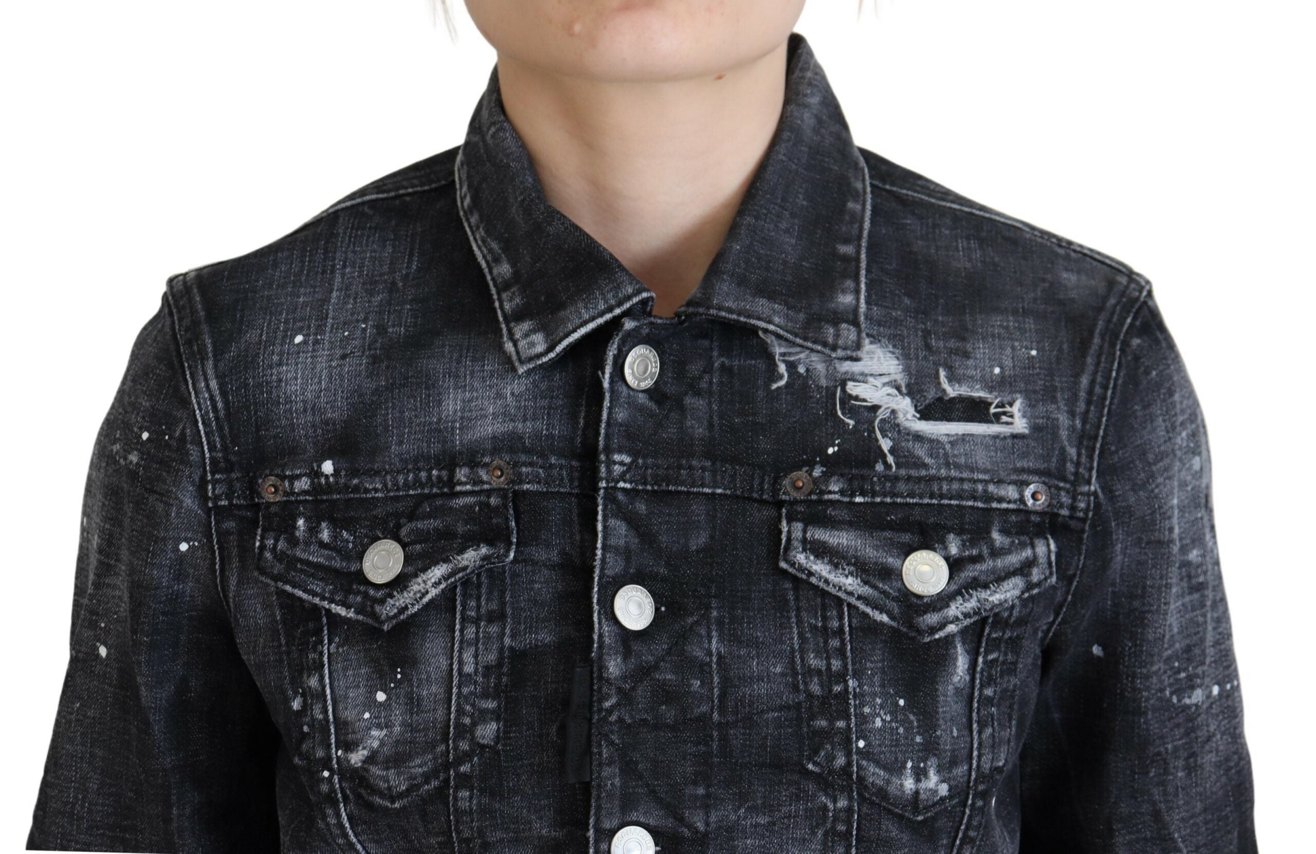 Grijs gewassen katoenen denim jack met slijtage