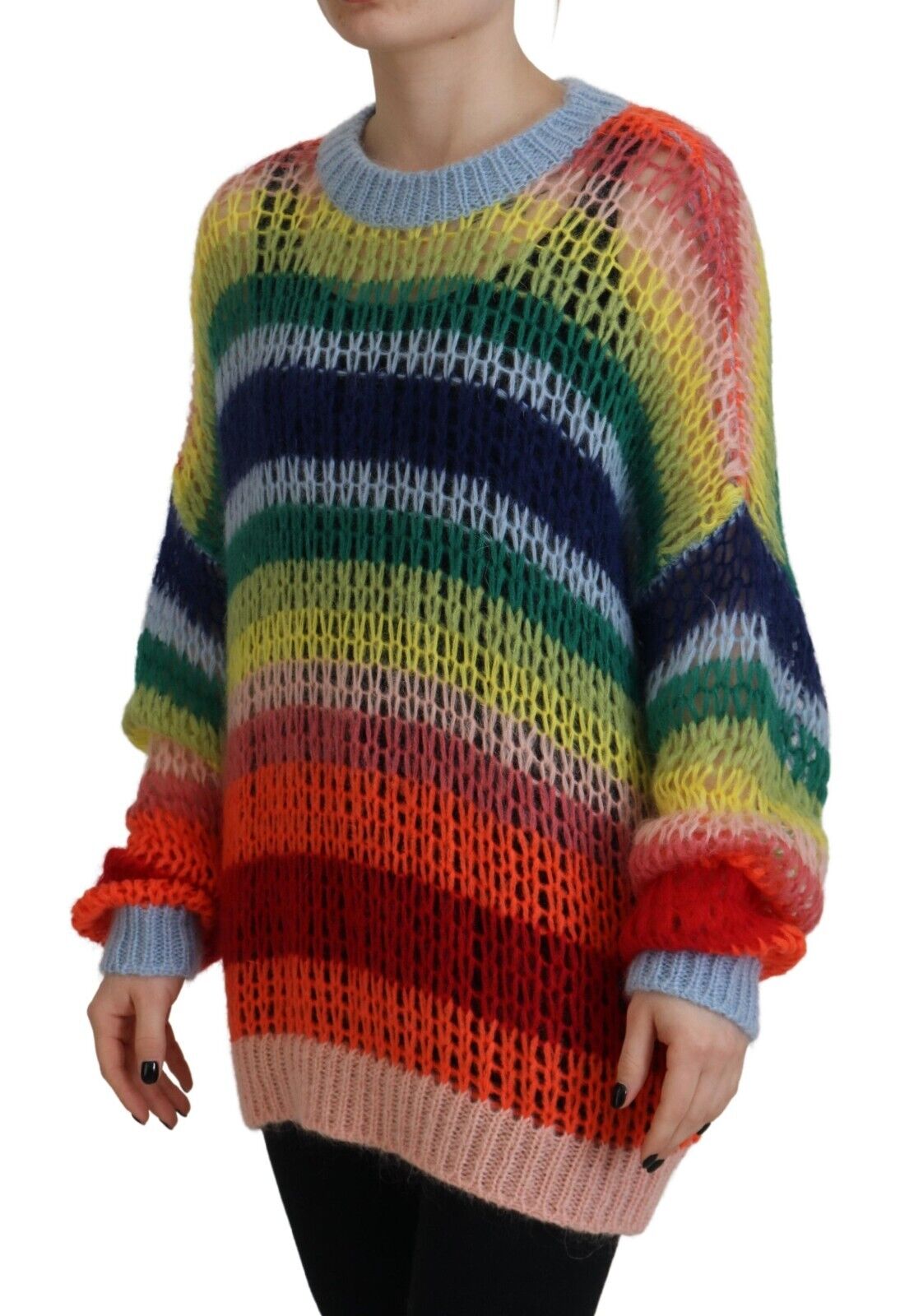 Veelkleurige gebreide mohair ronde hals trui