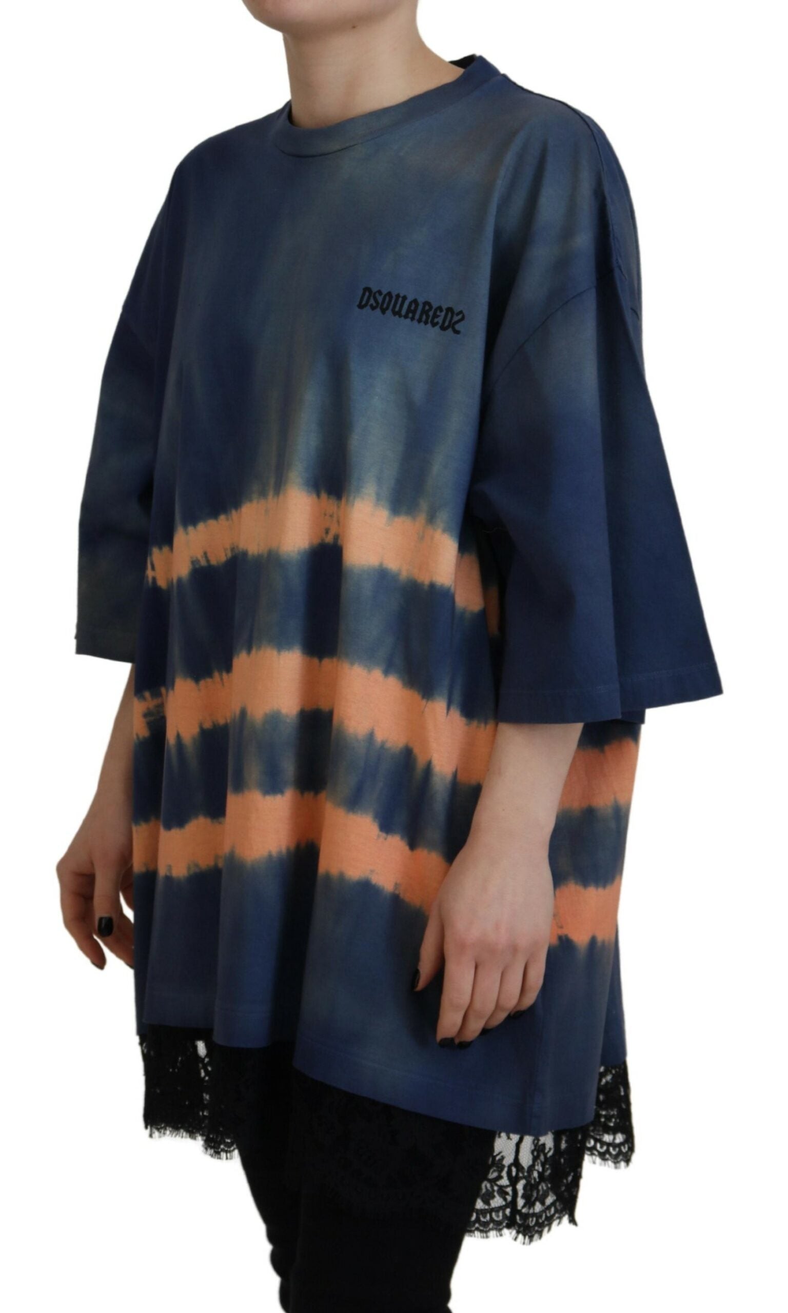Blauw katoenen tie-dye T-shirt met korte mouwen en kant