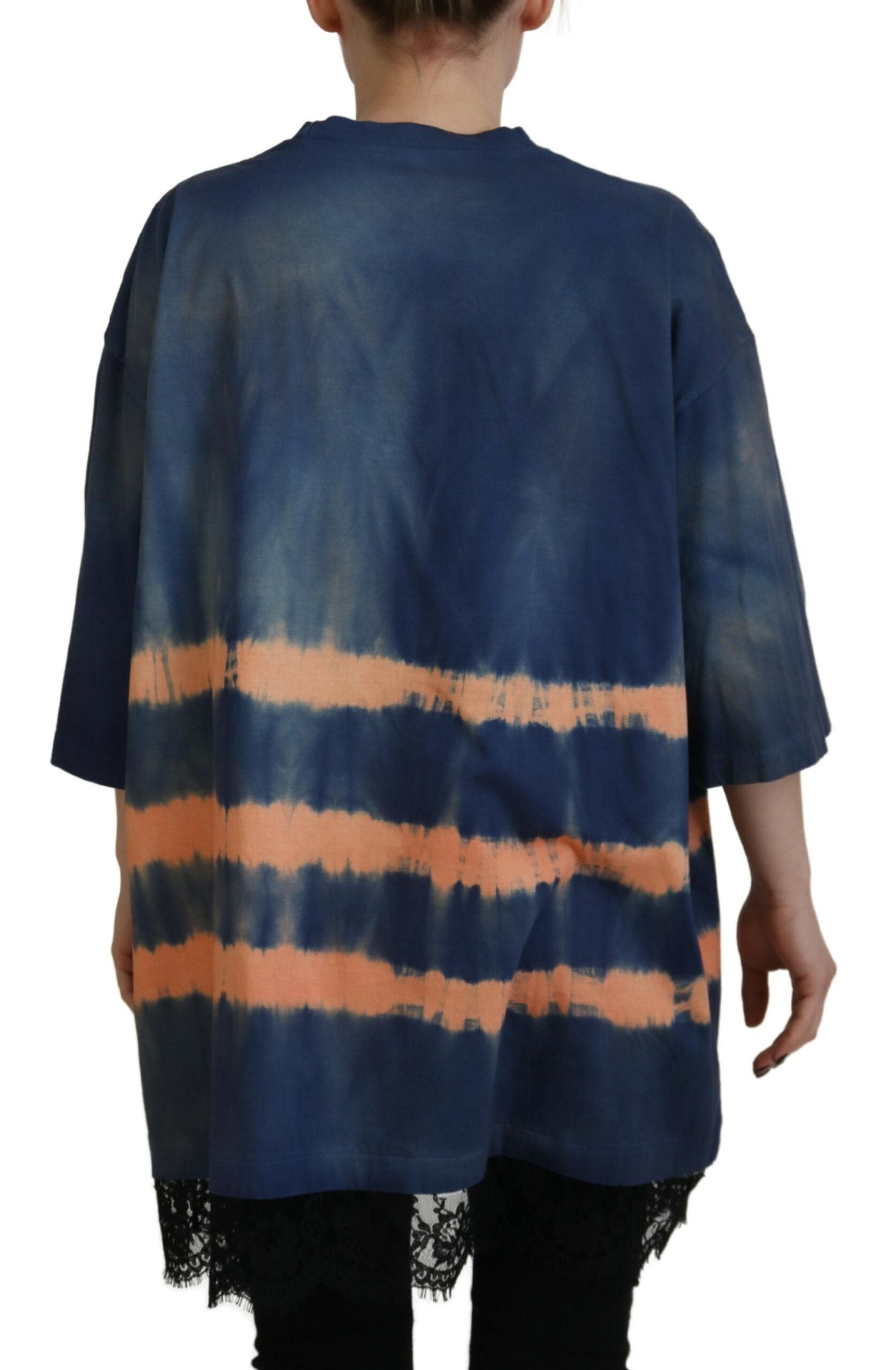Blauw katoenen tie-dye T-shirt met korte mouwen en kant