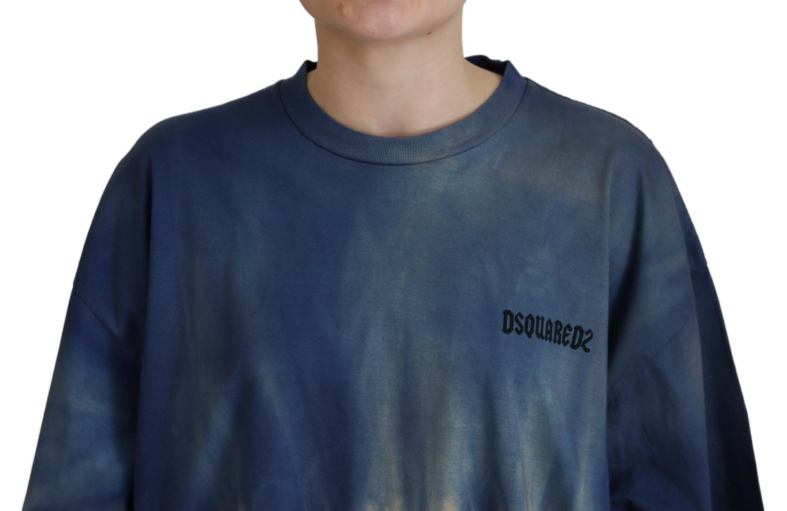 Blauw katoenen tie-dye T-shirt met korte mouwen en kant