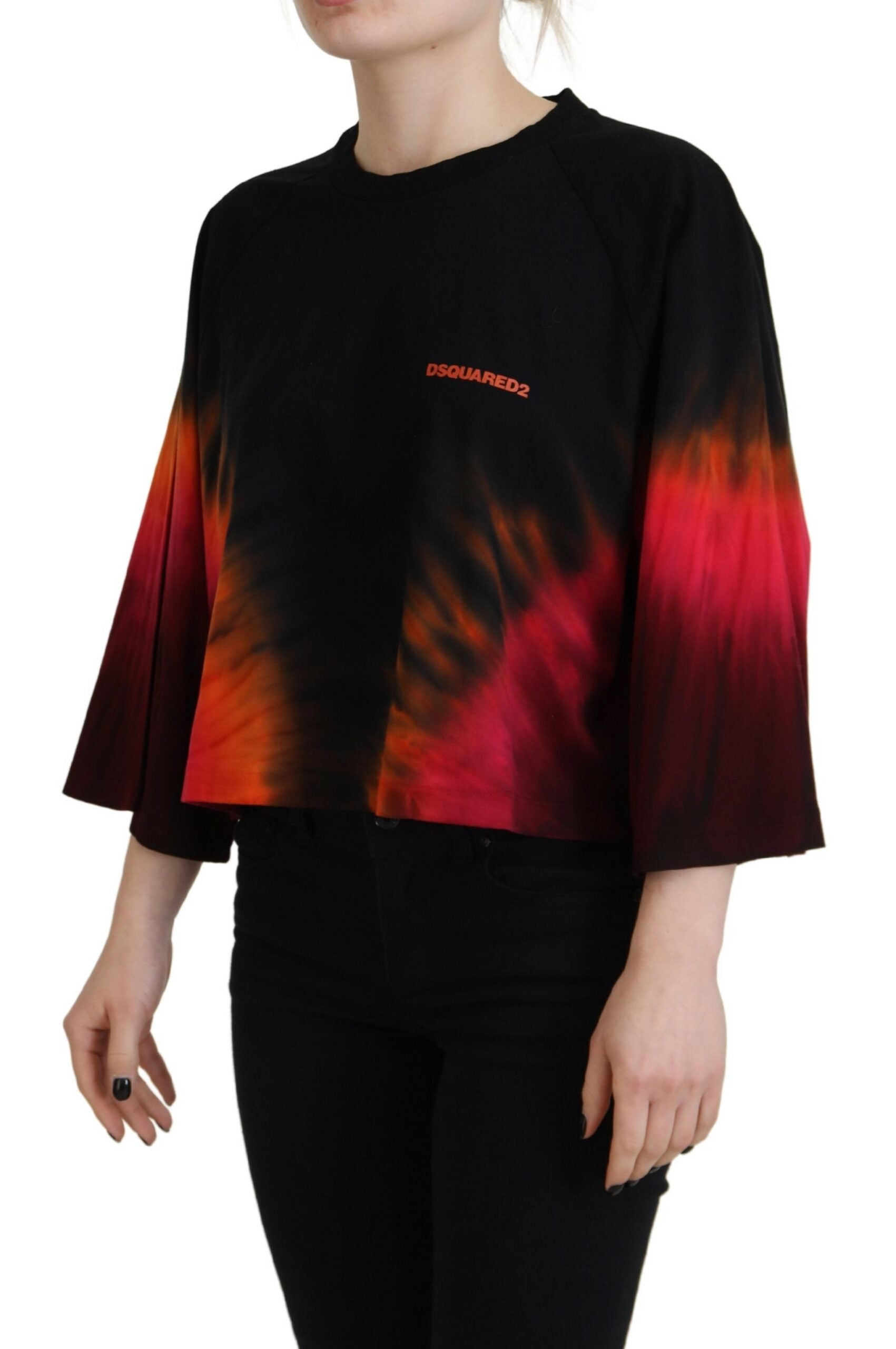 Zwarte katoenen tie-dye ronde hals casual top