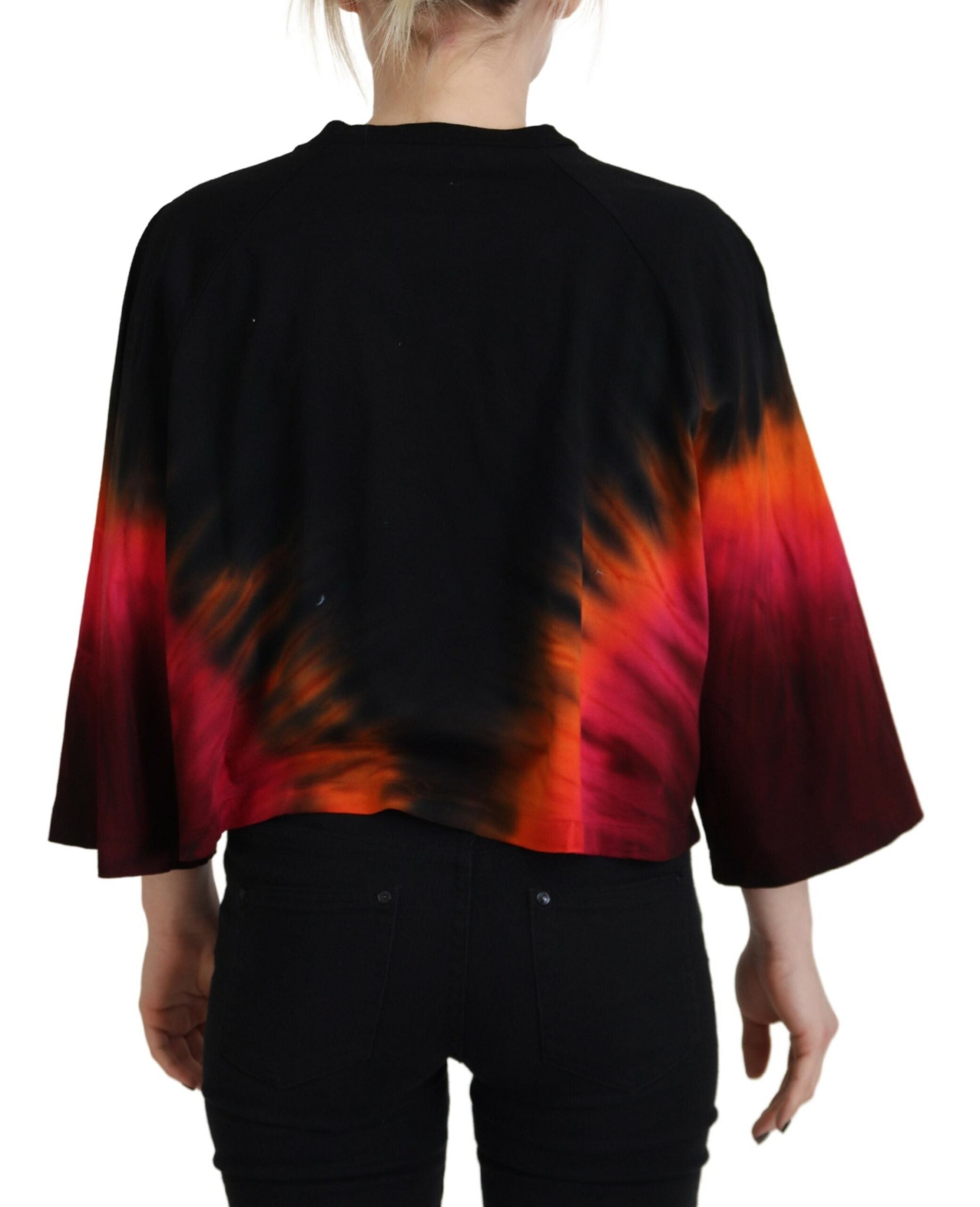 Zwarte katoenen tie-dye ronde hals casual top