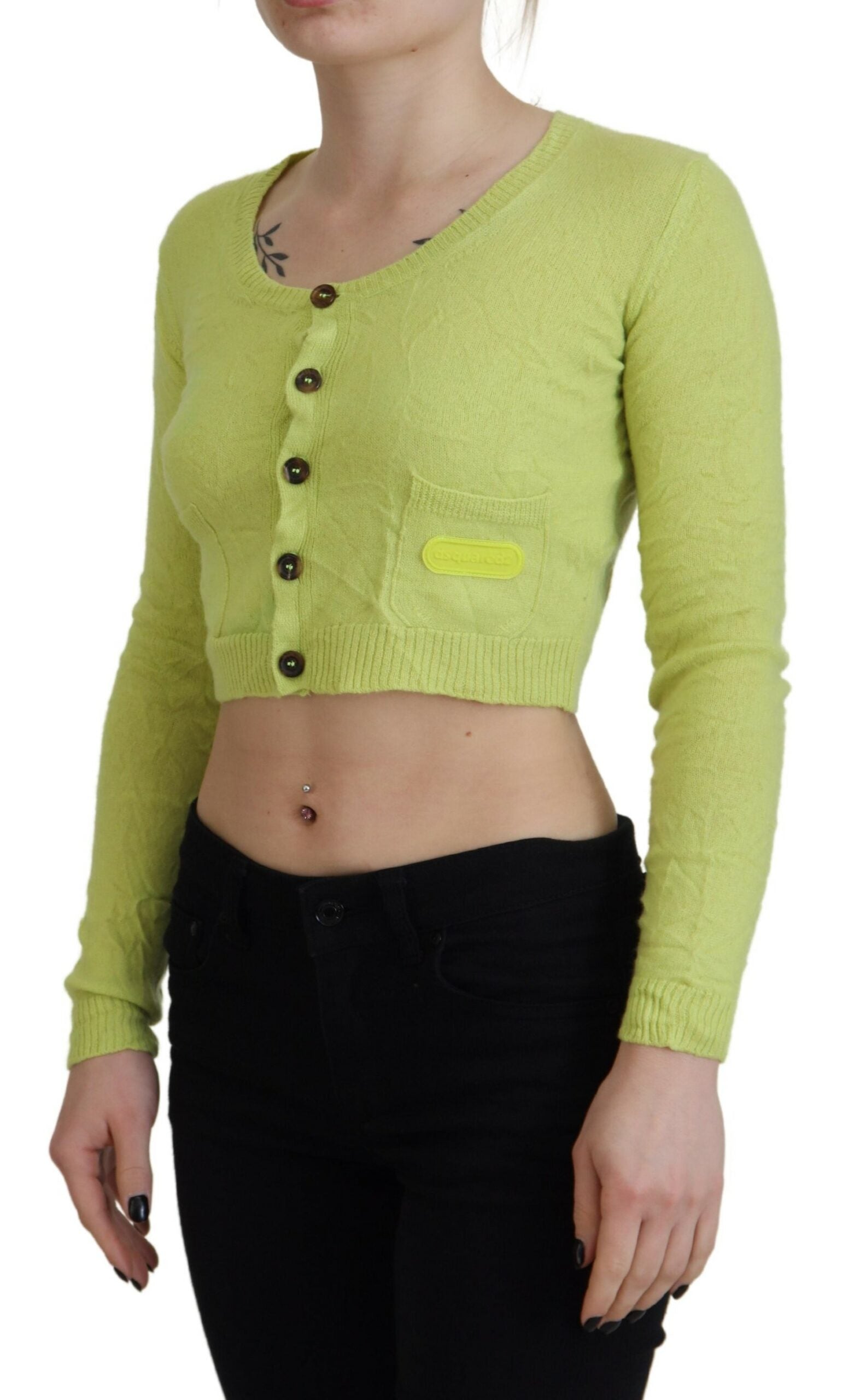 Geelgroene kasjmier trui met lange mouwen en cropped patroon
