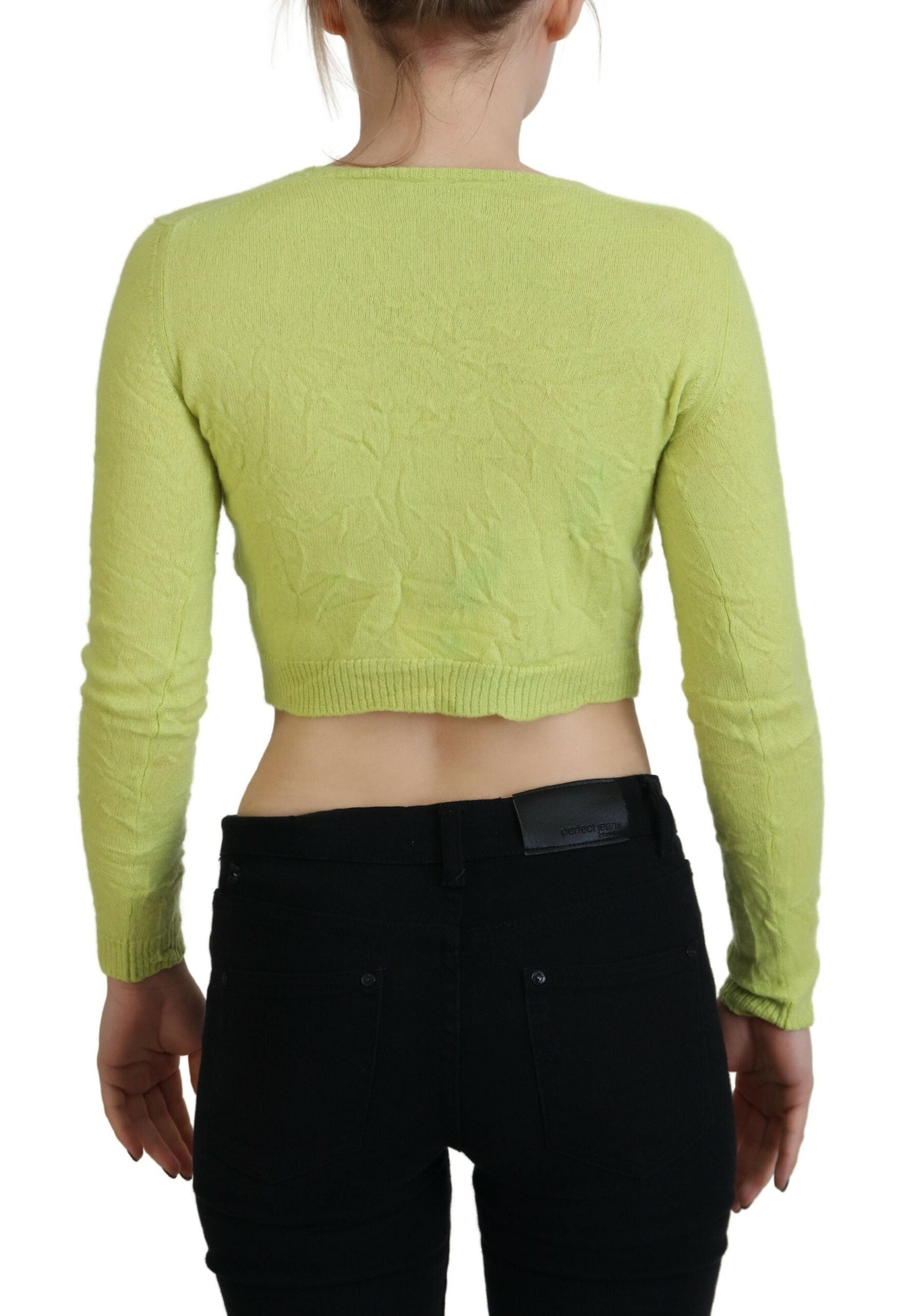 Geelgroene kasjmier trui met lange mouwen en cropped patroon
