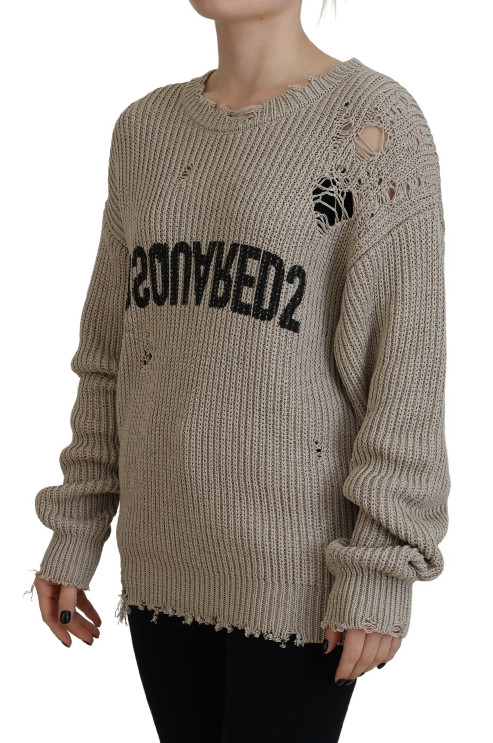Beige katoenen gebreide trui met ronde hals