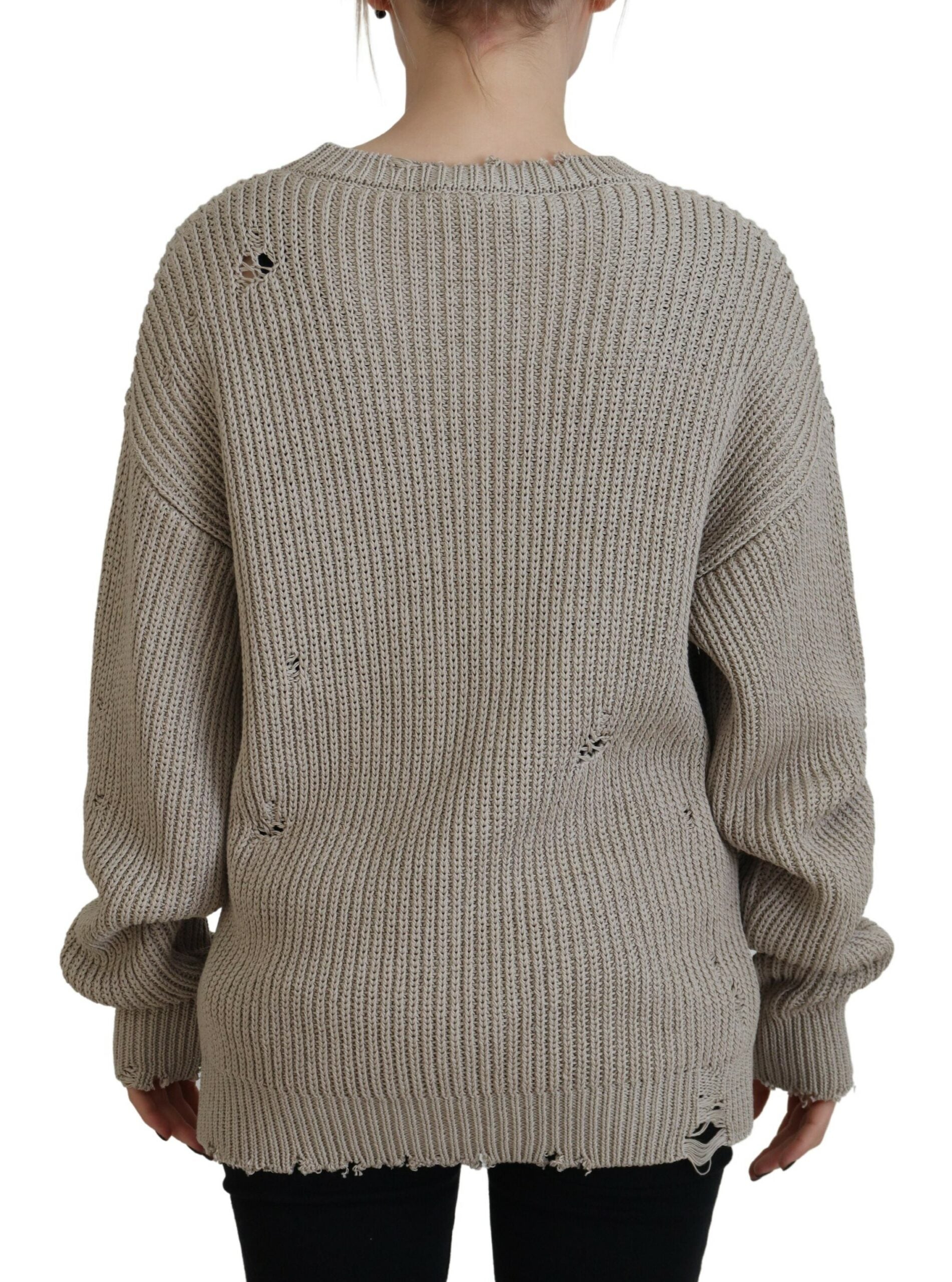 Beige katoenen gebreide trui met ronde hals