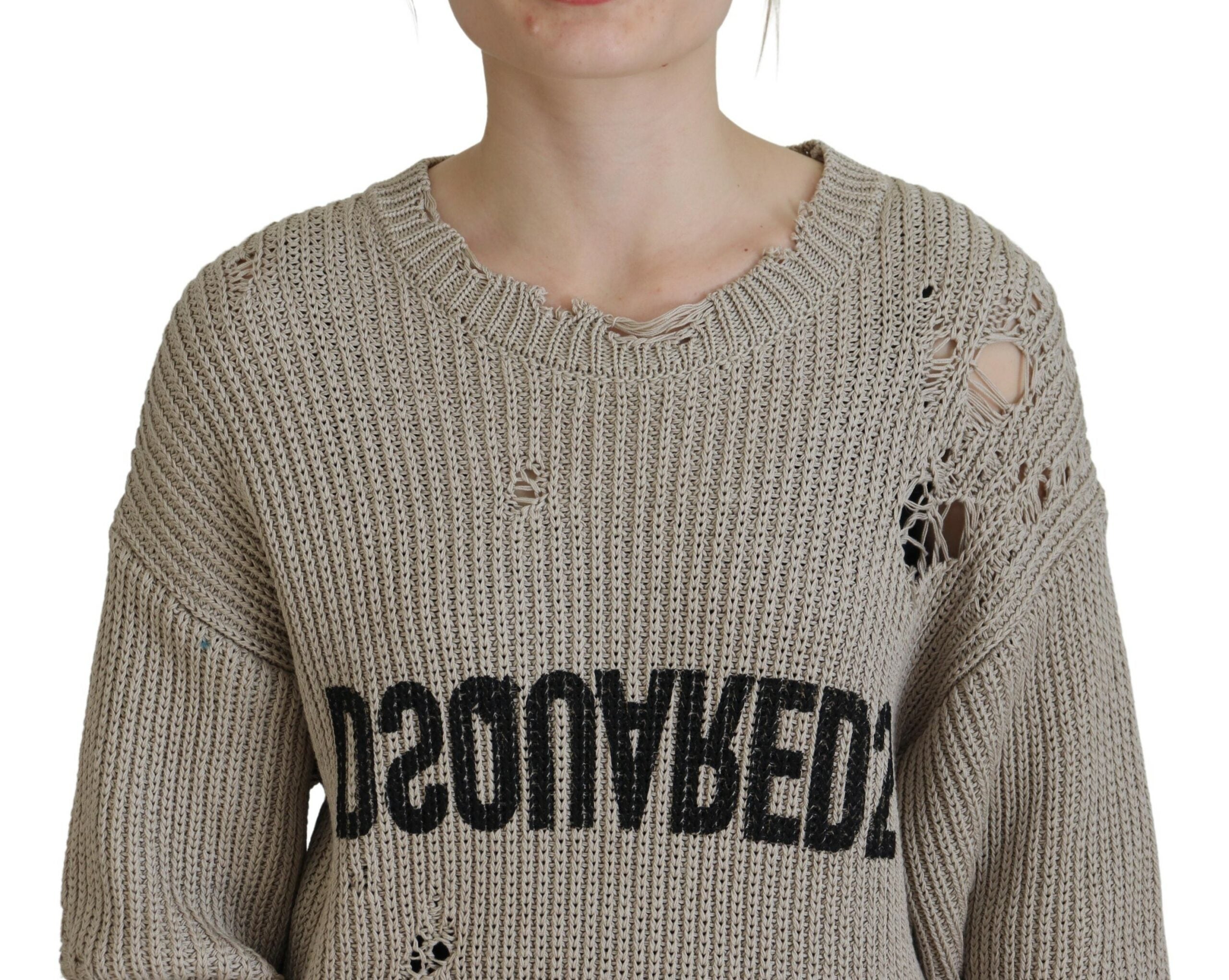 Beige katoenen gebreide trui met ronde hals