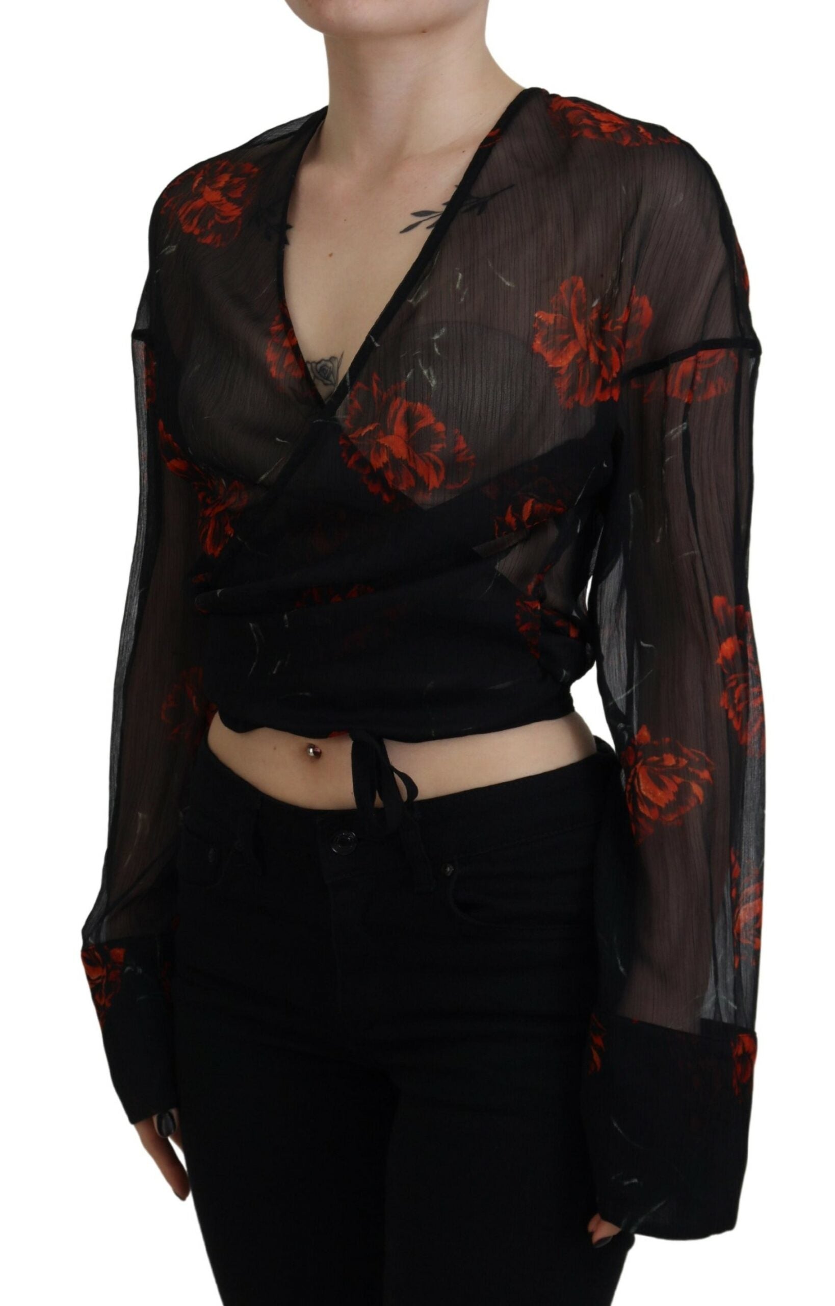 Zwarte cropped top met lange mouwen en bloemenprint