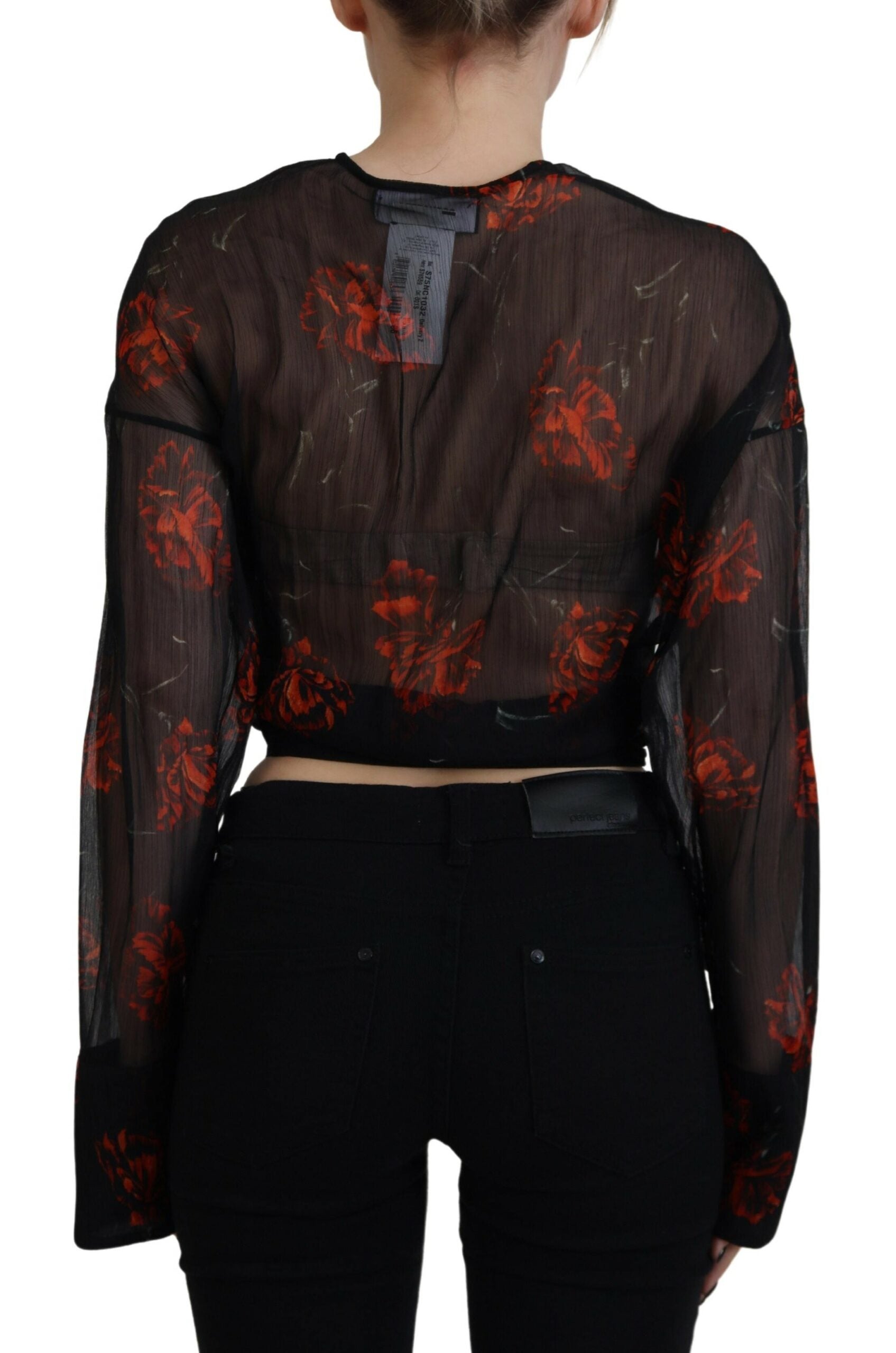 Zwarte cropped top met lange mouwen en bloemenprint