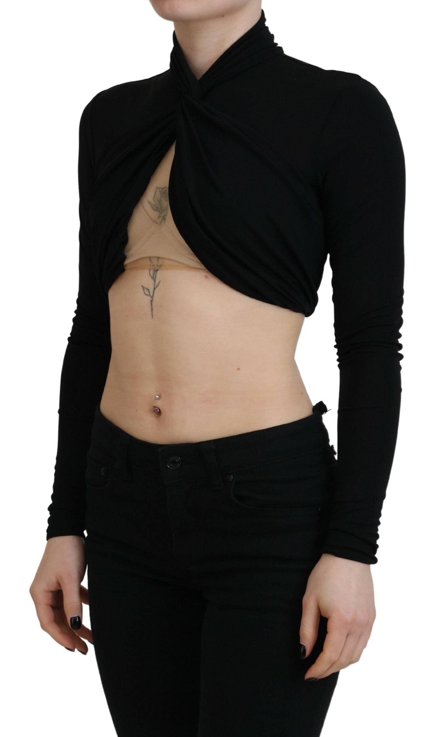 Zwarte cut-out viscose crop top met lange mouwen