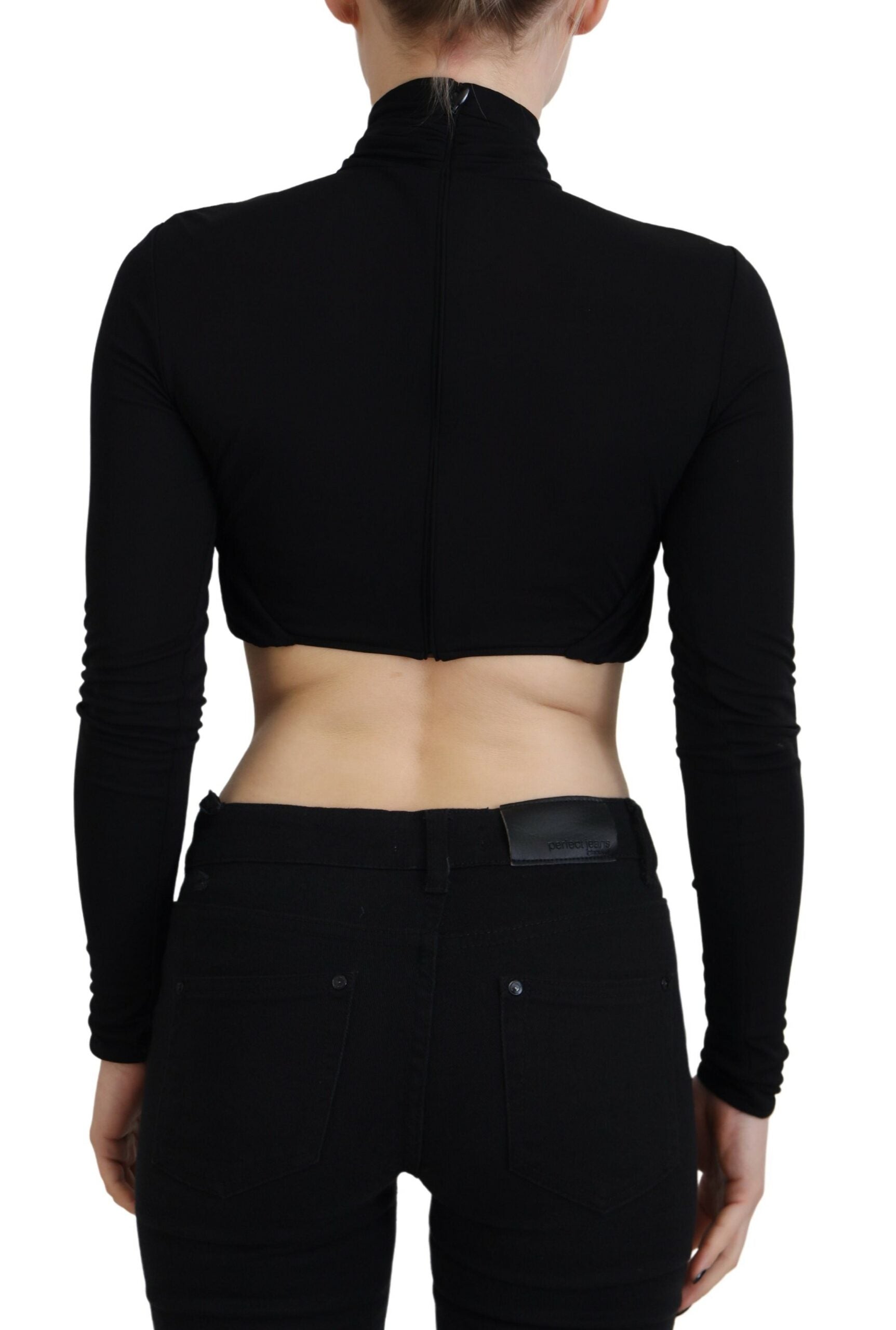 Zwarte cut-out viscose crop top met lange mouwen