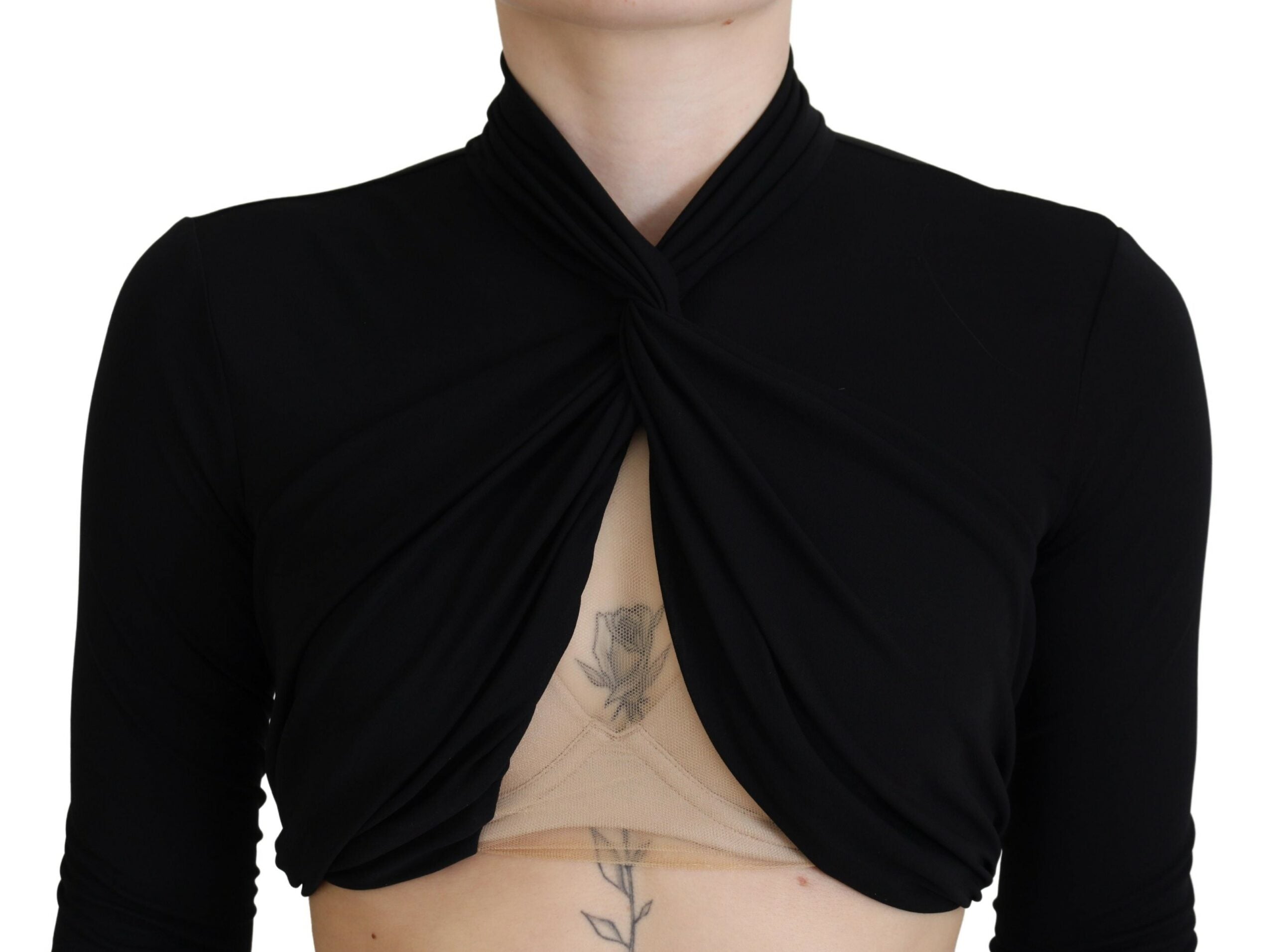 Zwarte cut-out viscose crop top met lange mouwen