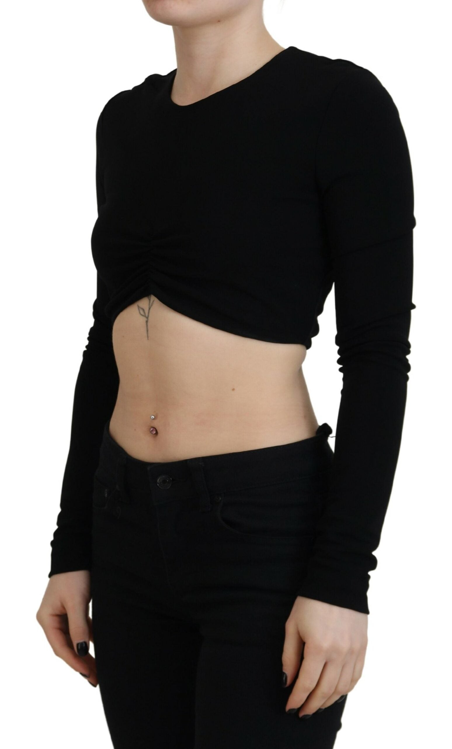Zwarte viscose crop top met ronde hals en lange mouwen