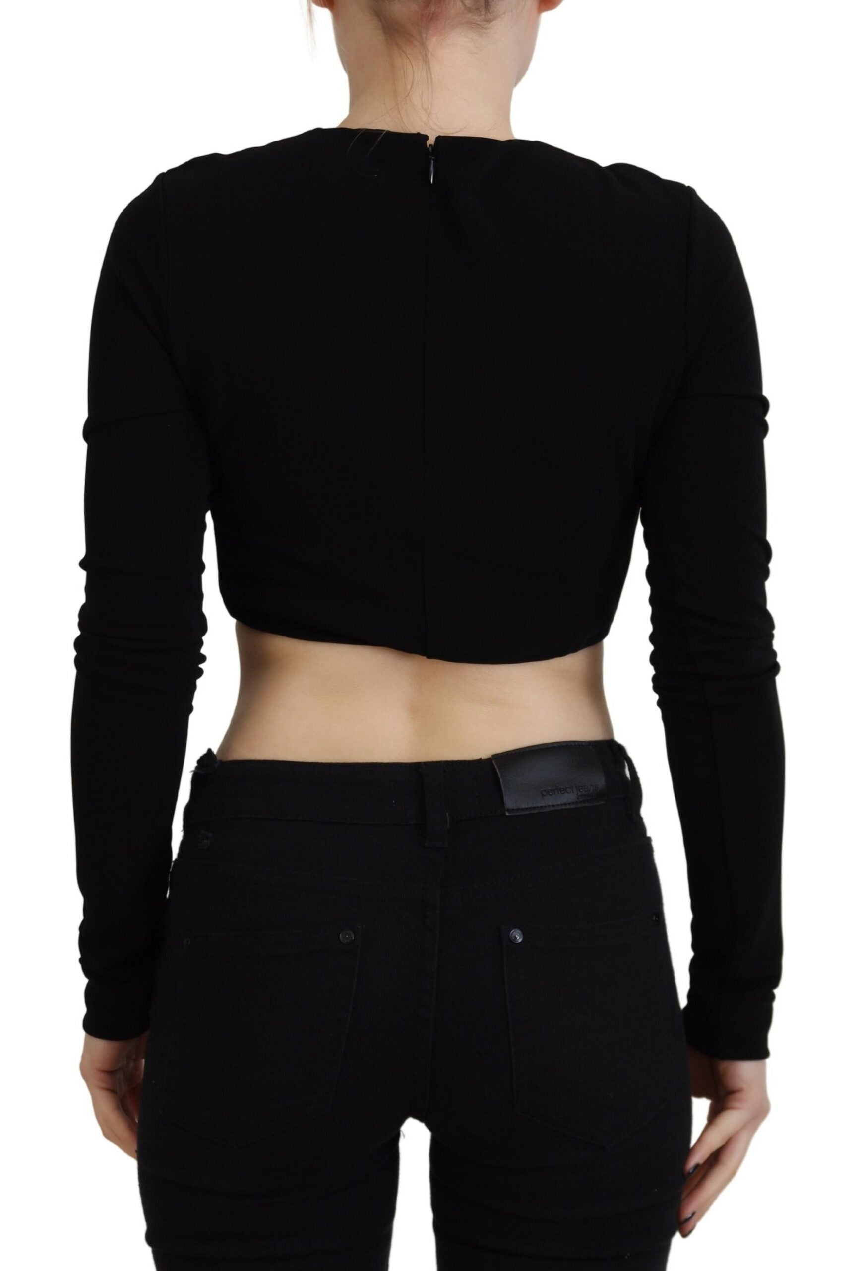 Zwarte viscose crop top met ronde hals en lange mouwen