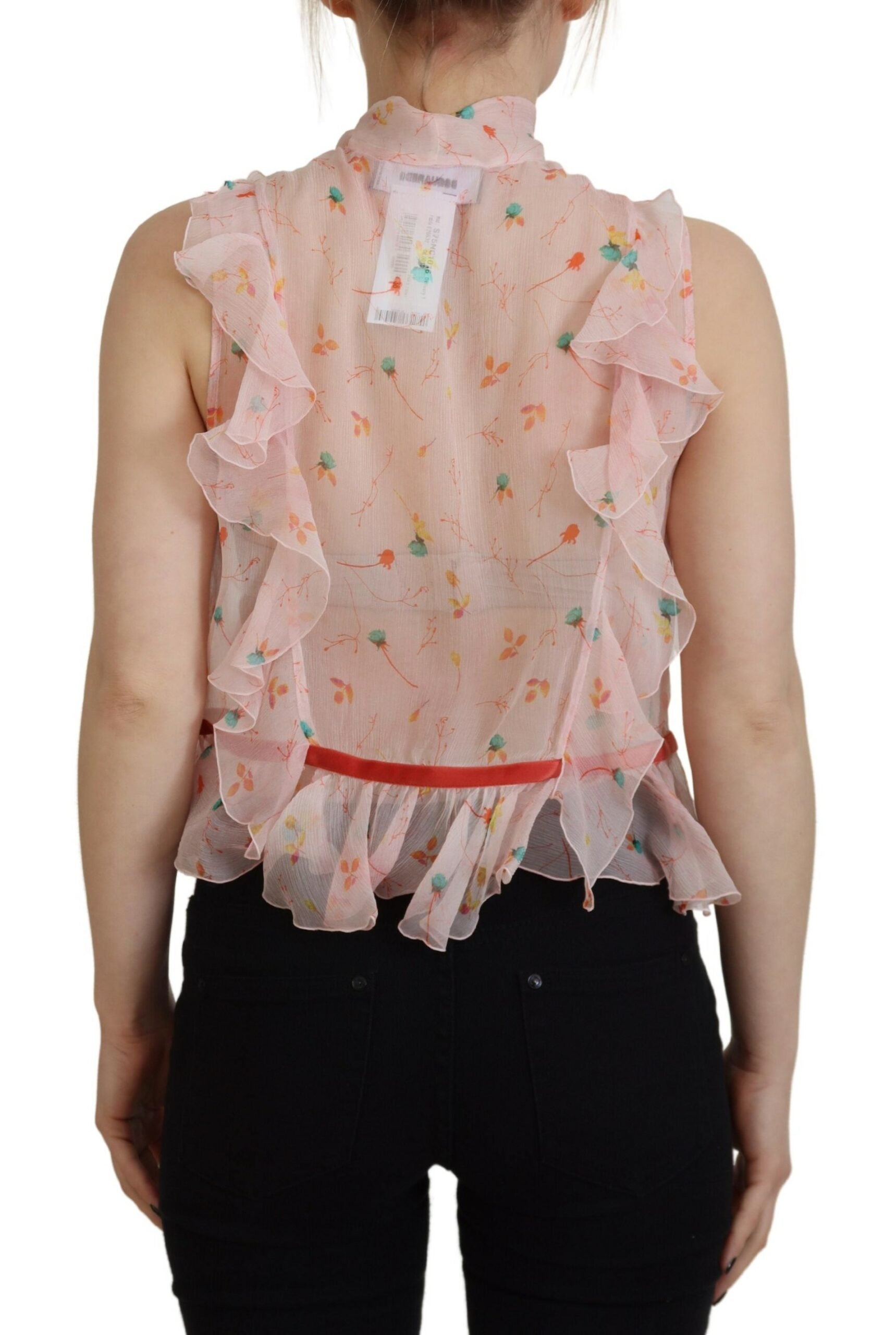 Roze zijden top met bloemenprint en Ascot-kraag zonder mouwen
