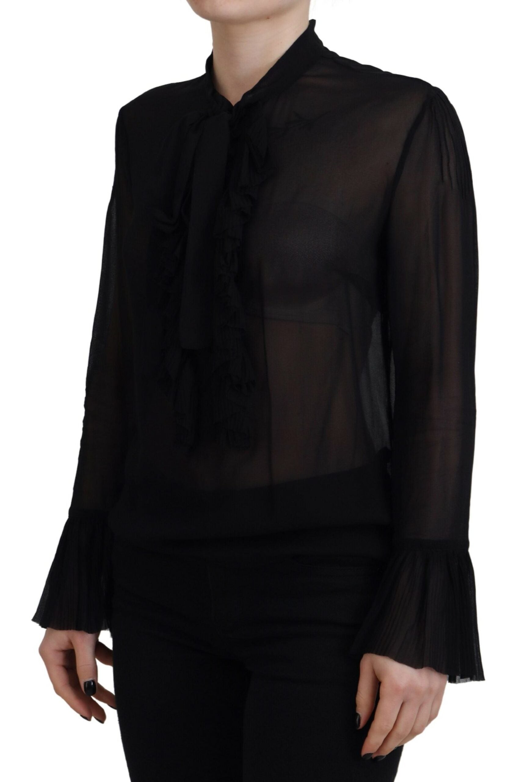 Zwarte viscose blouse met lange mouwen en doorschijnende top