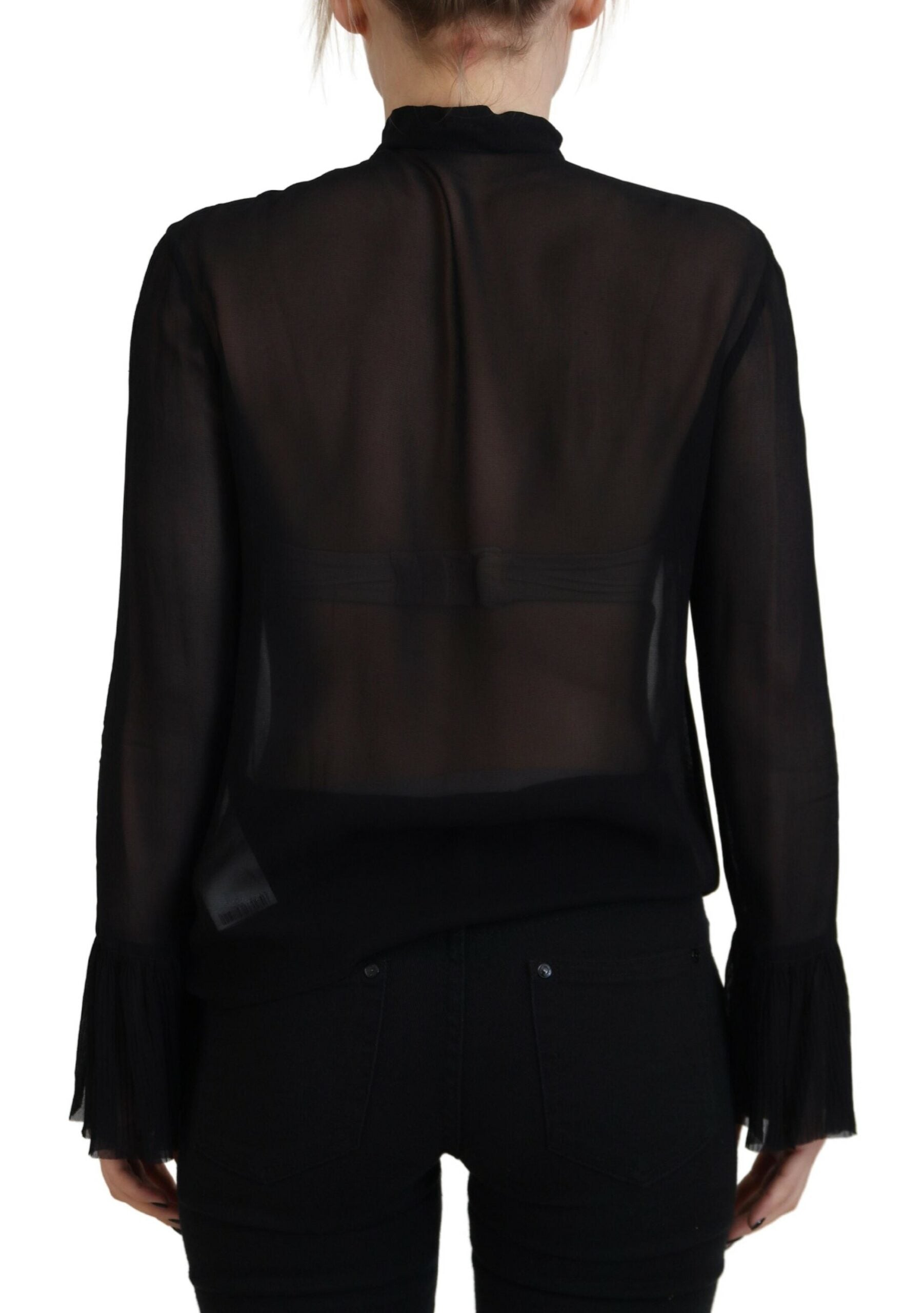 Zwarte viscose blouse met lange mouwen en doorschijnende top
