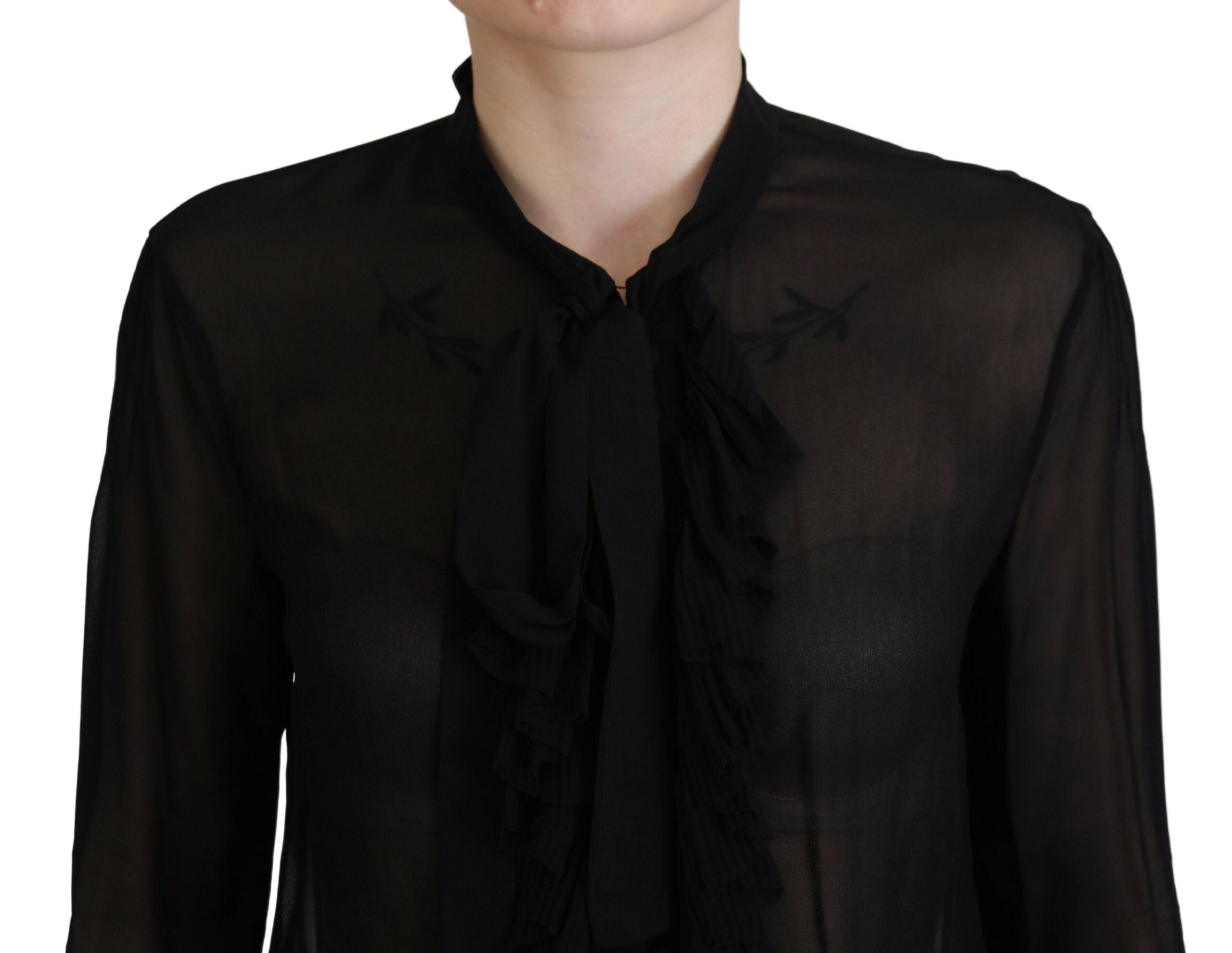 Zwarte viscose blouse met lange mouwen en doorschijnende top