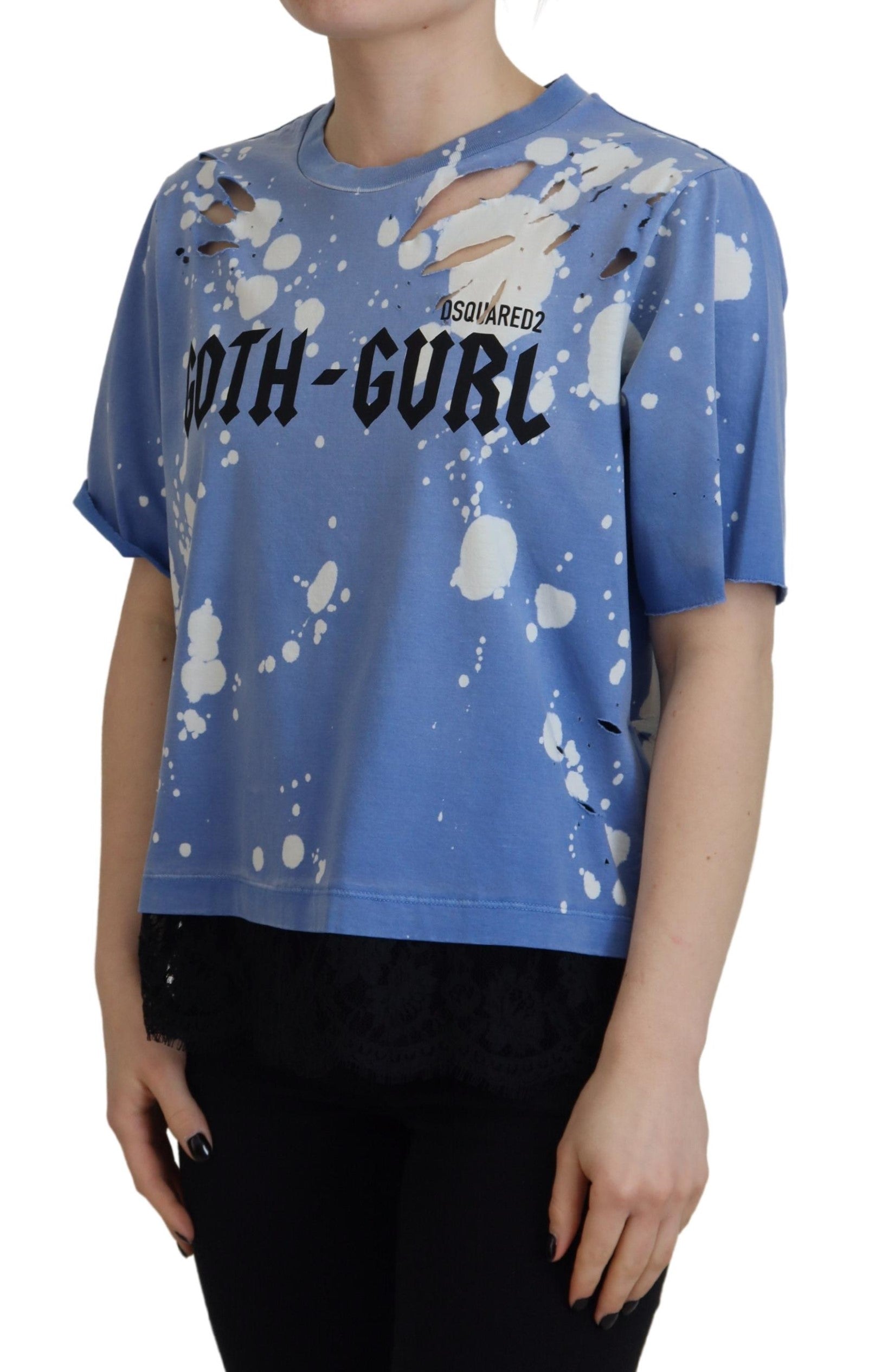 Blauwe Goth Girl Print Zwarte Kant Katoenen T-shirt