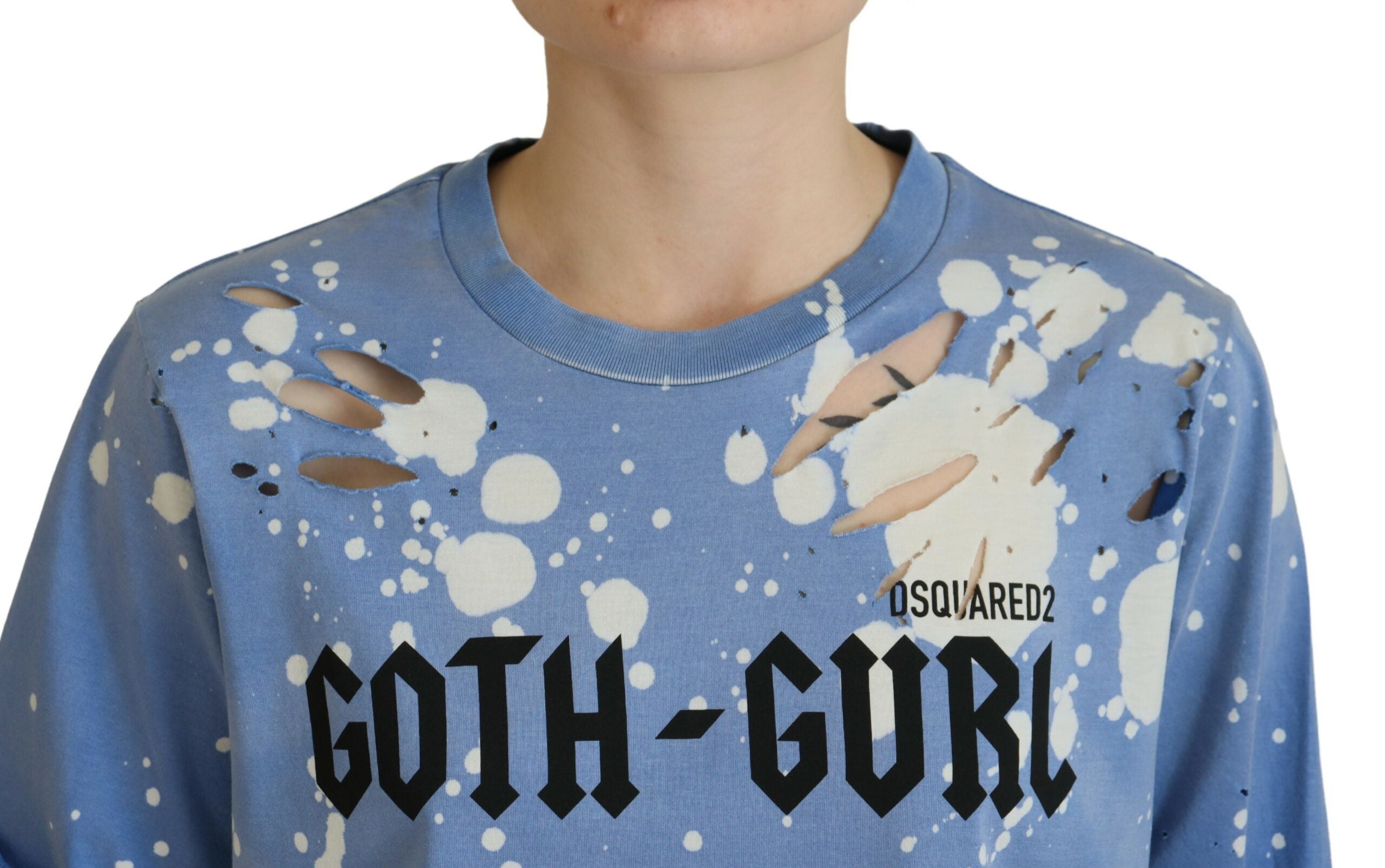 Blauwe Goth Girl Print Zwarte Kant Katoenen T-shirt