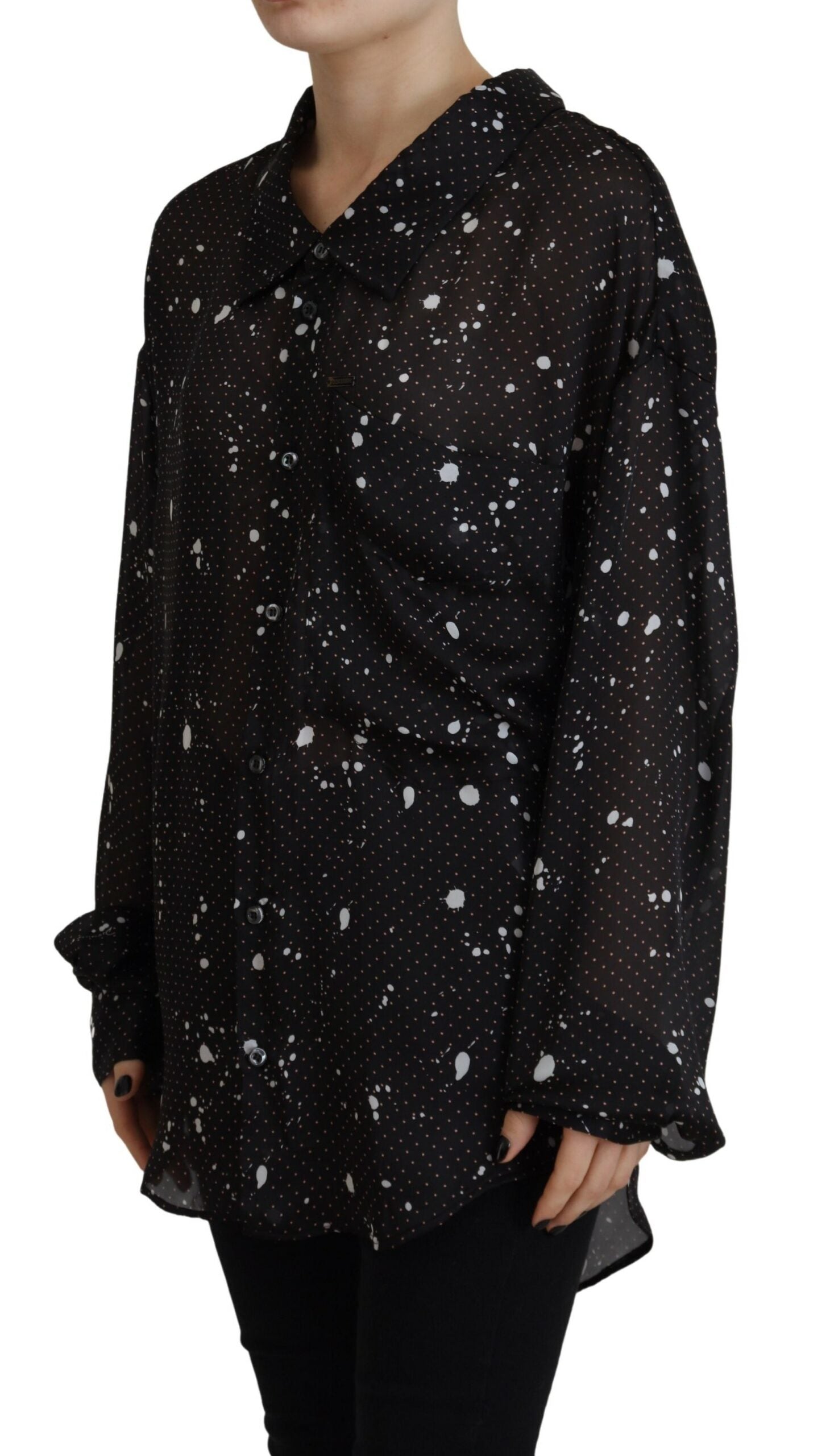 Zwarte blouse met stippen en kraag en knoopjes