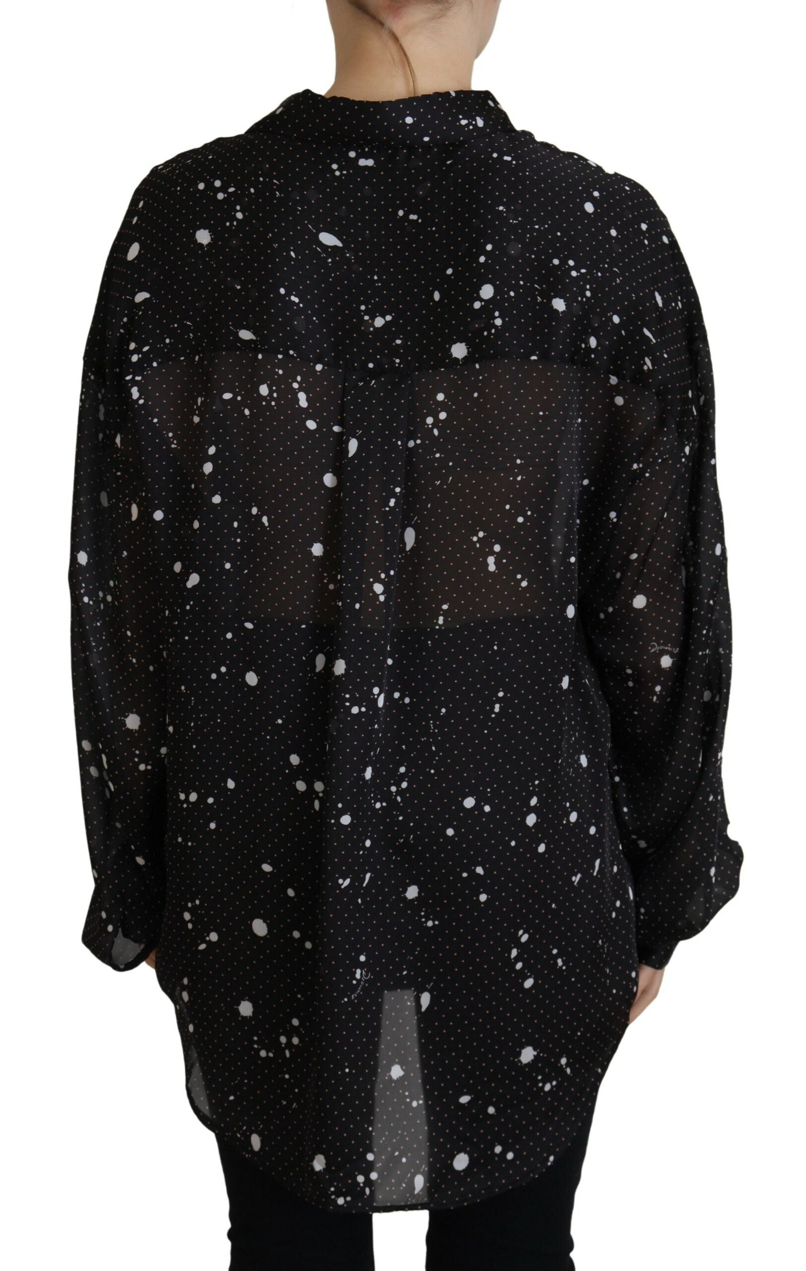 Zwarte blouse met stippen en kraag en knoopjes