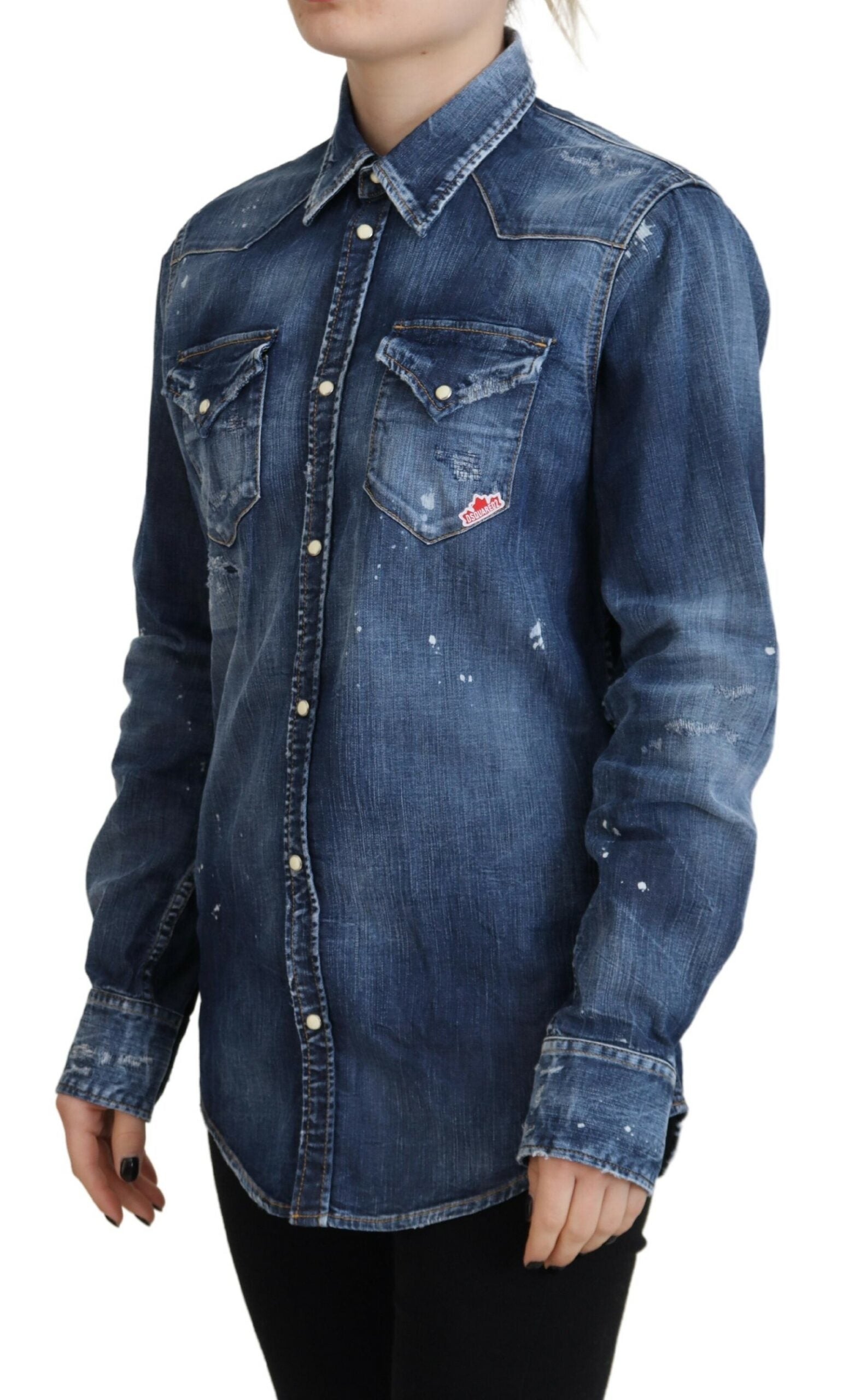 Blauw gewassen katoenen overhemd met kraag en knoopjes