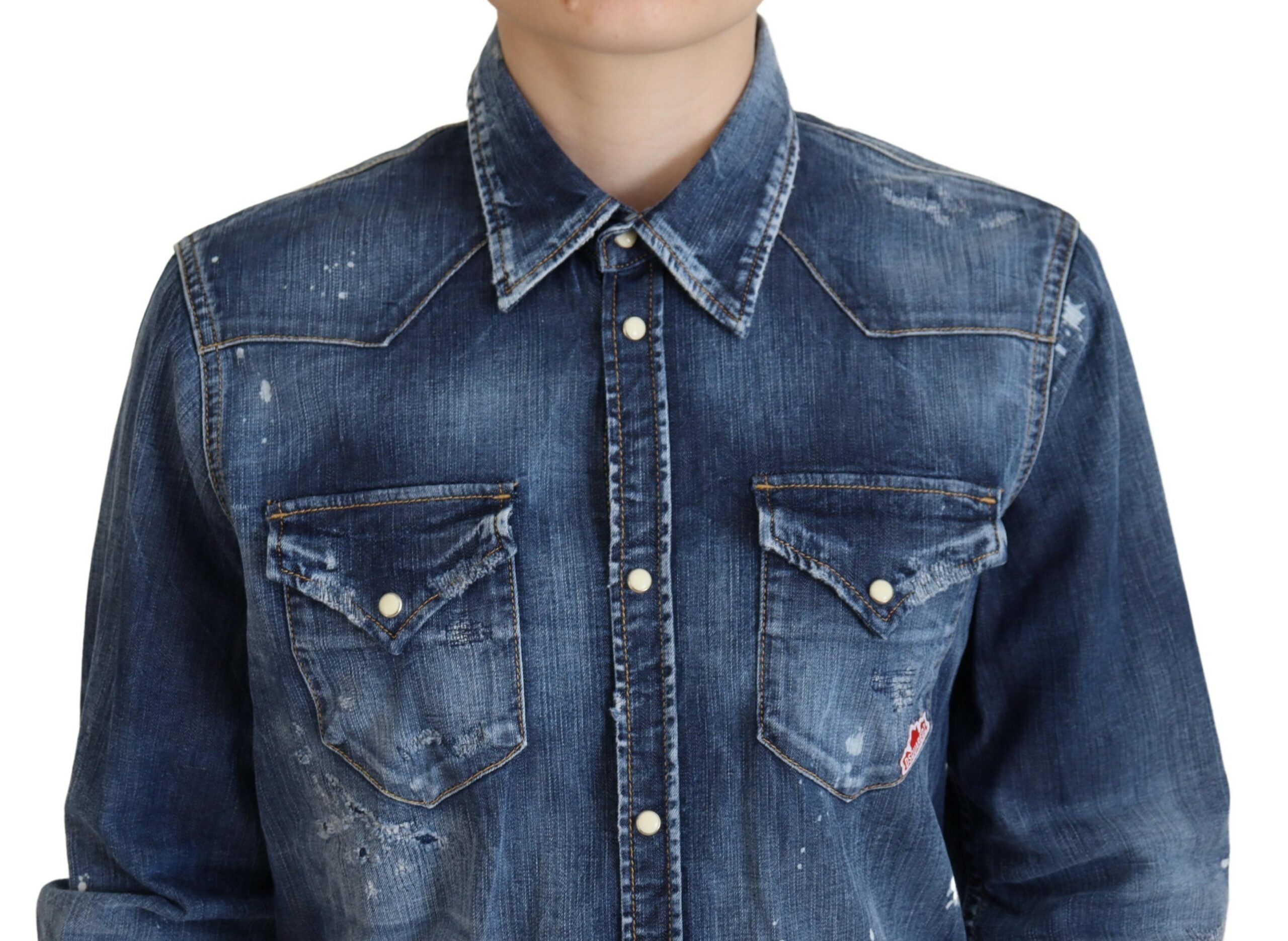 Blauw gewassen katoenen overhemd met kraag en knoopjes