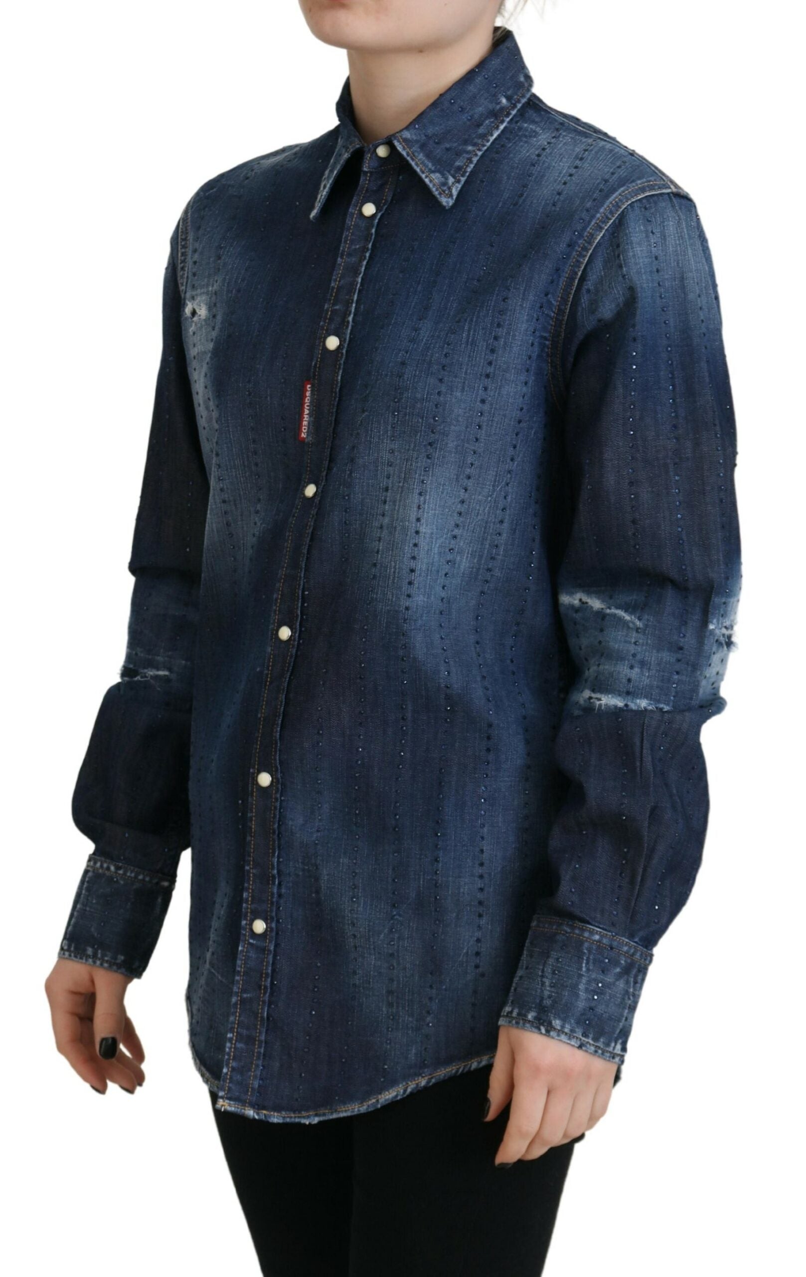 Blauwe gewassen katoenen denim top met knoopjes en kraag