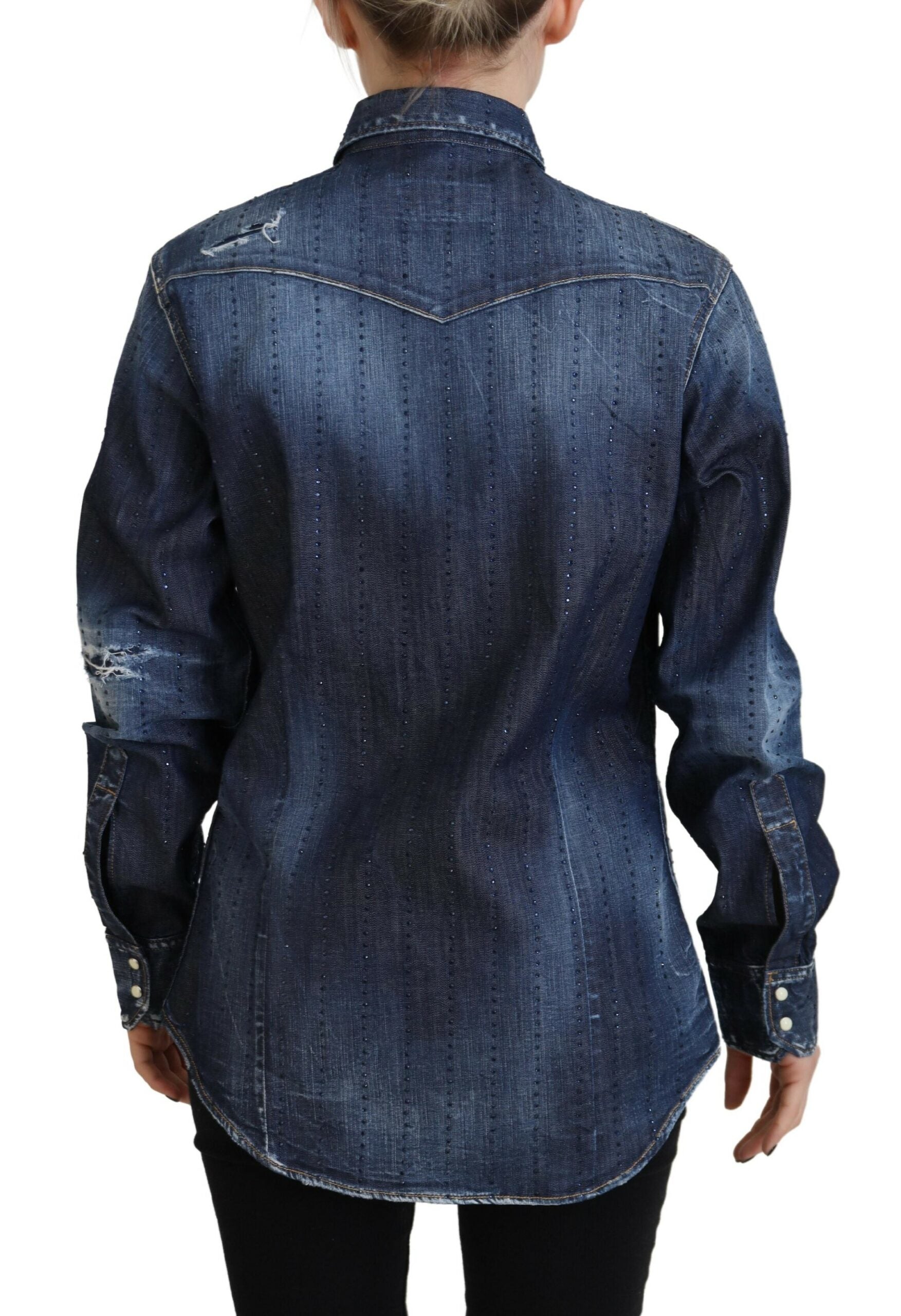 Blauwe gewassen katoenen denim top met knoopjes en kraag