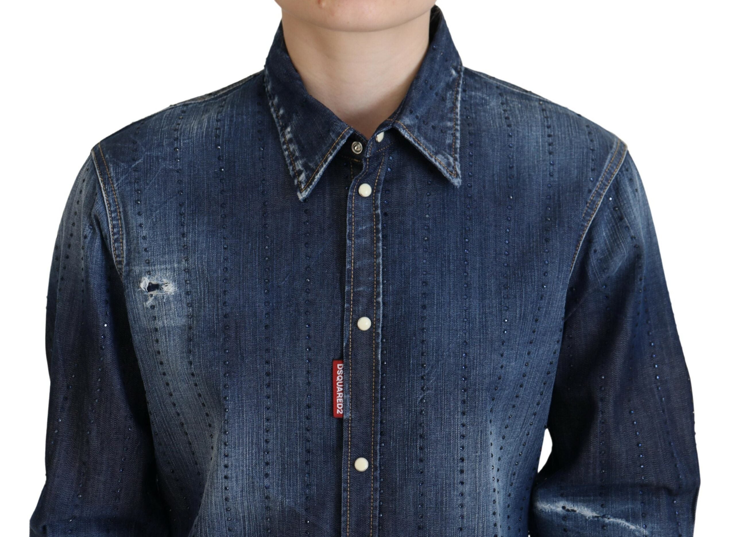 Blauwe gewassen katoenen denim top met knoopjes en kraag