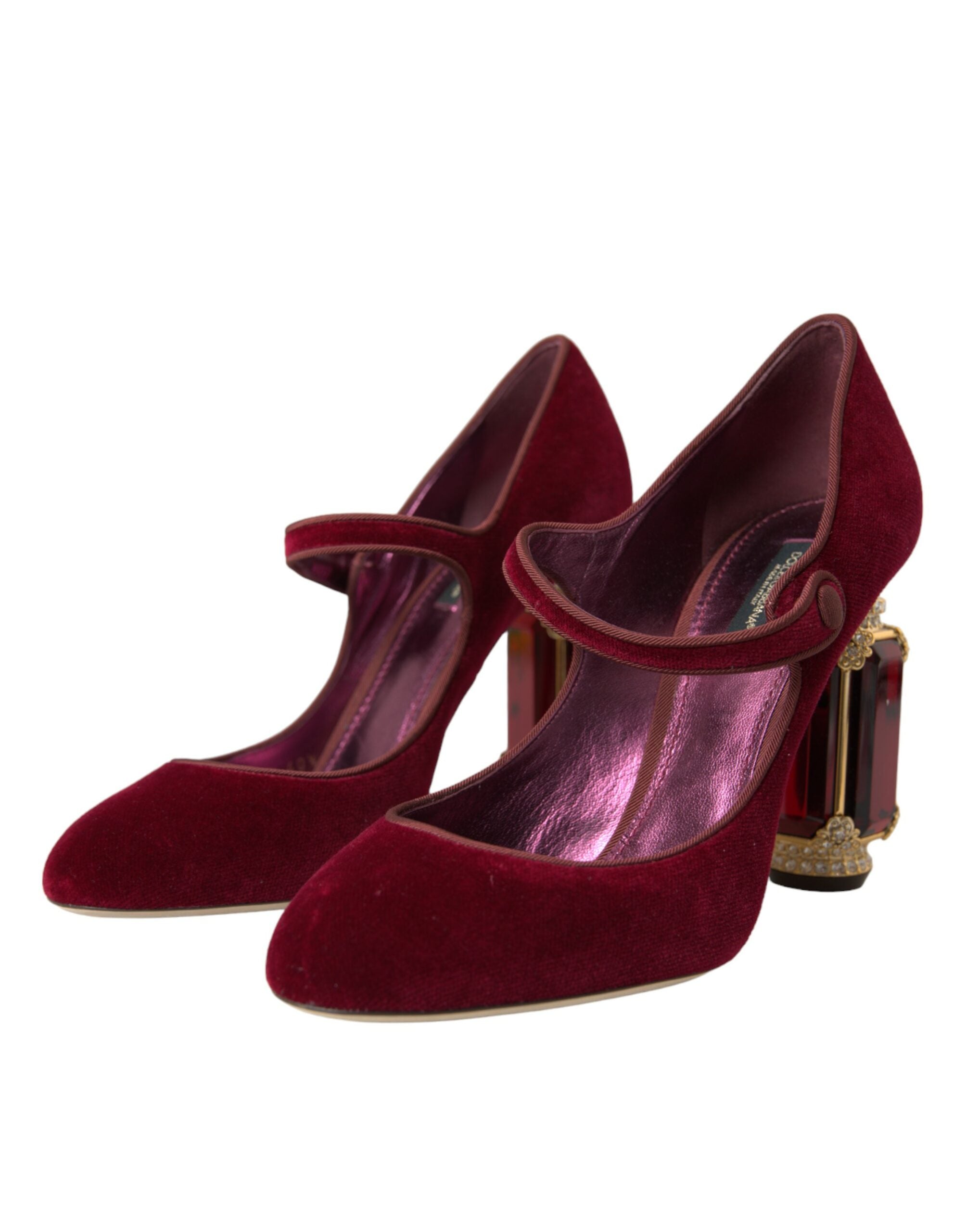 Mary Jane-schoenen met rode fluwelen gouden kristallen hakken