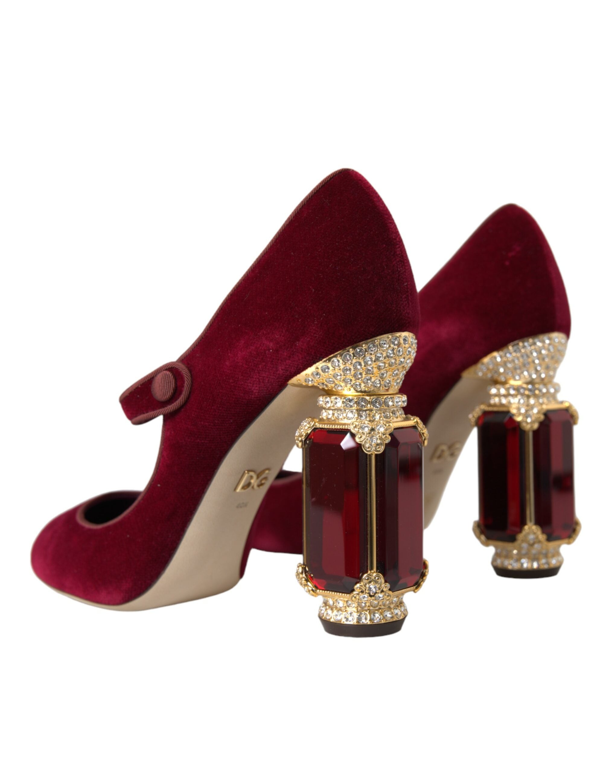 Mary Jane-schoenen met rode fluwelen gouden kristallen hakken