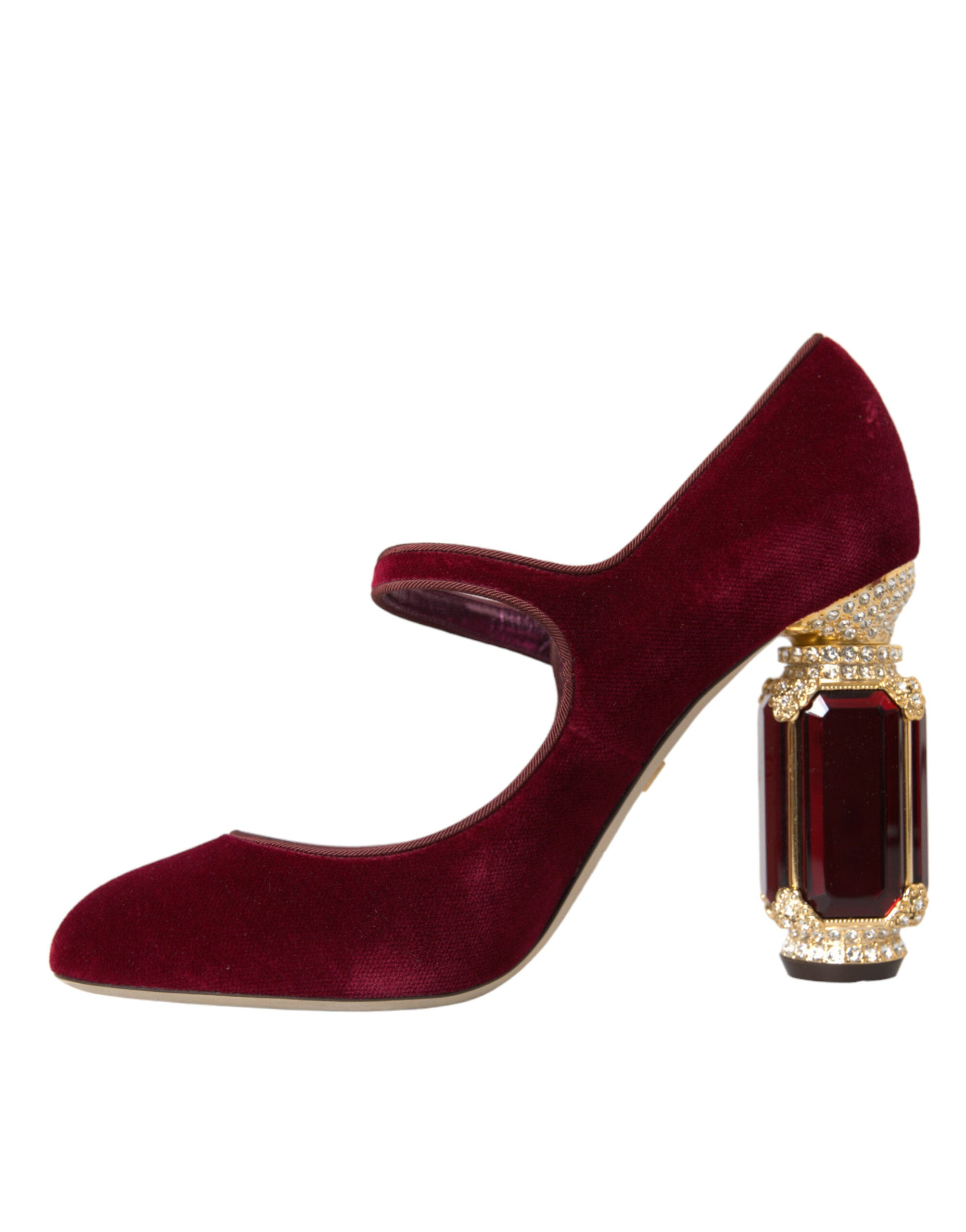 Mary Jane-schoenen met rode fluwelen gouden kristallen hakken
