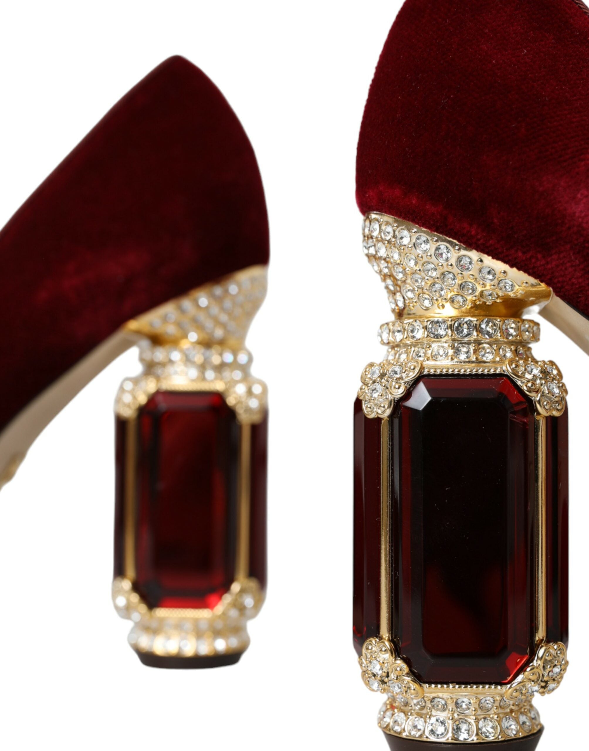 Mary Jane-schoenen met rode fluwelen gouden kristallen hakken