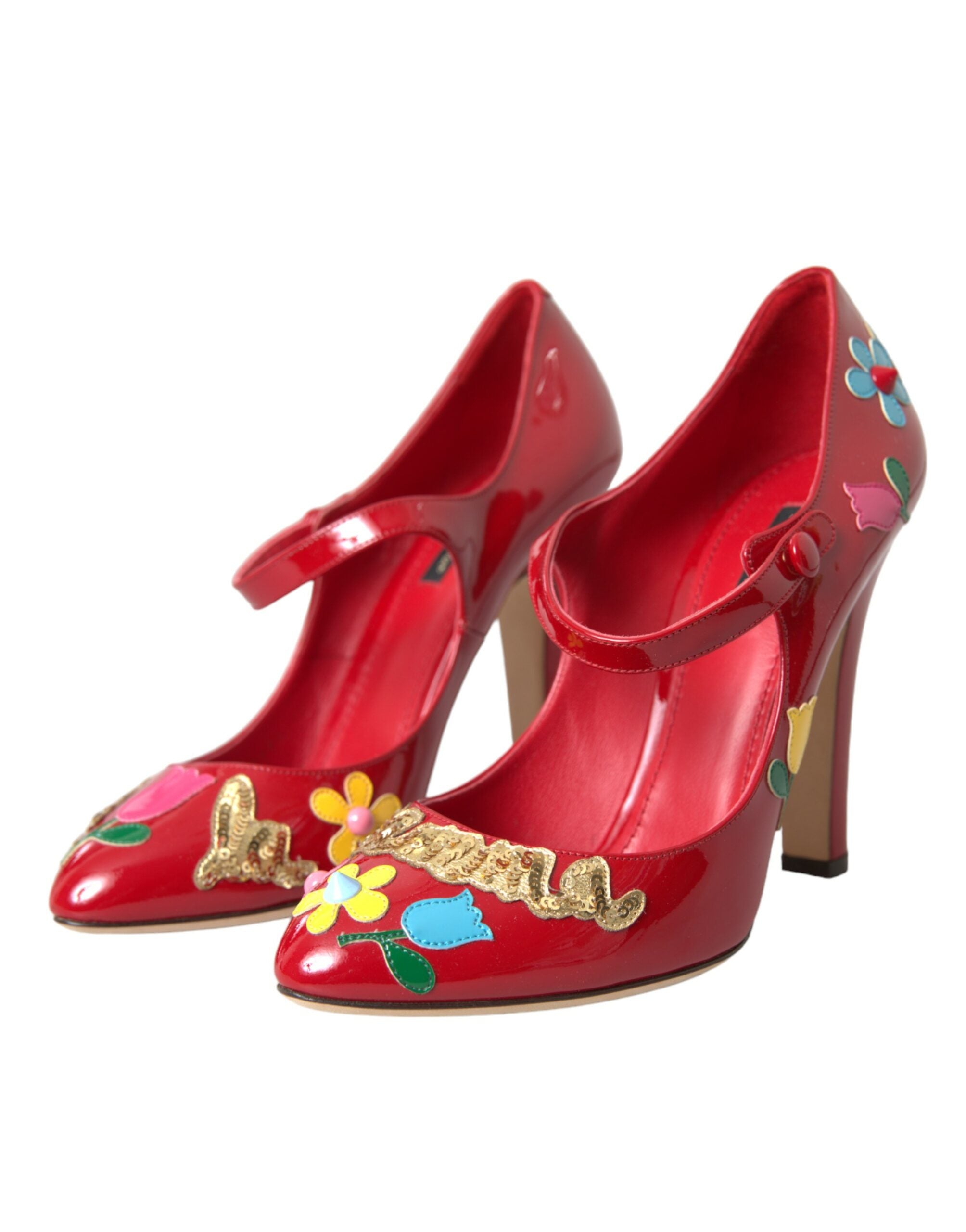 Rode leren Mary Jane pumps met hak en versieringen