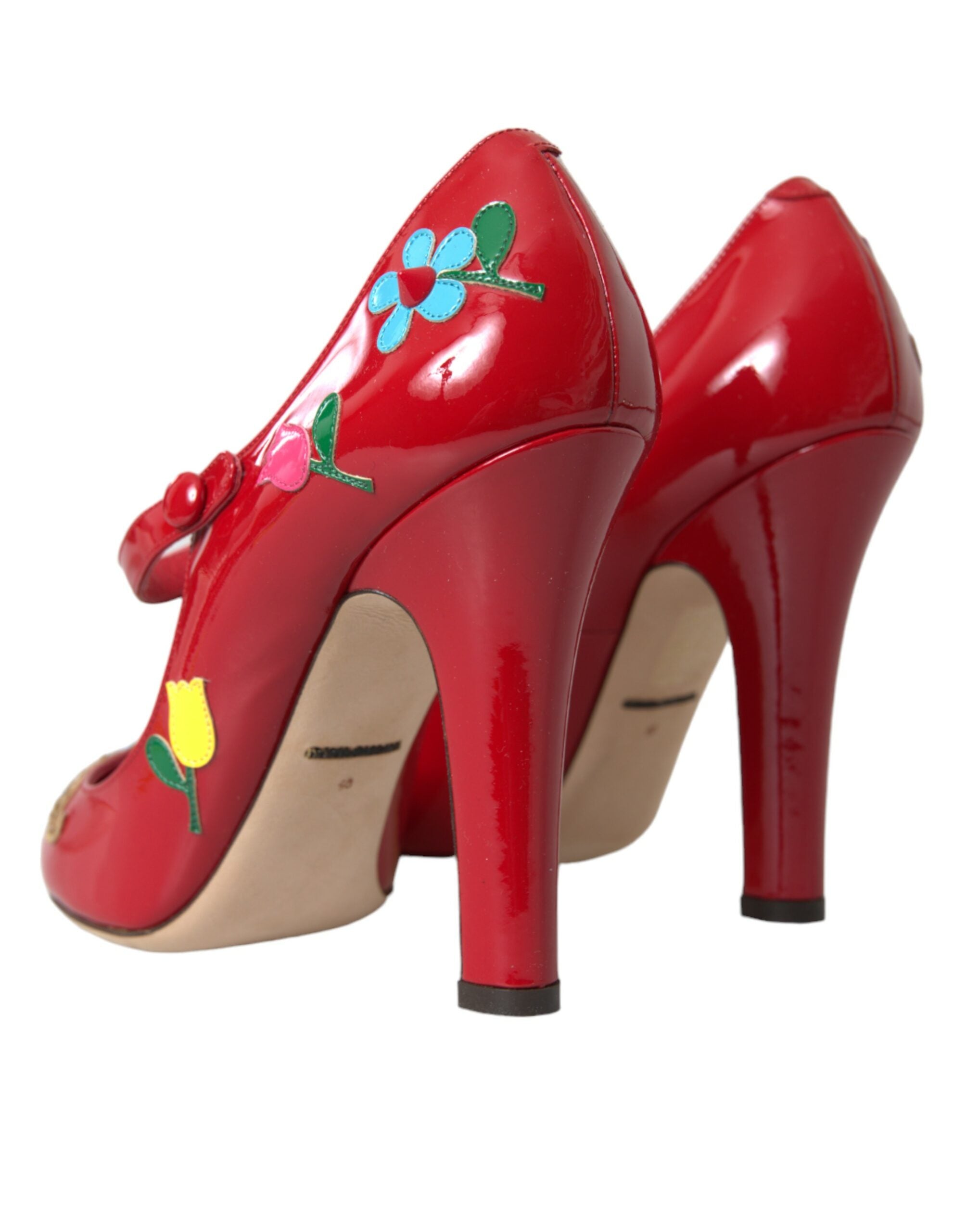 Rode leren Mary Jane pumps met hak en versieringen