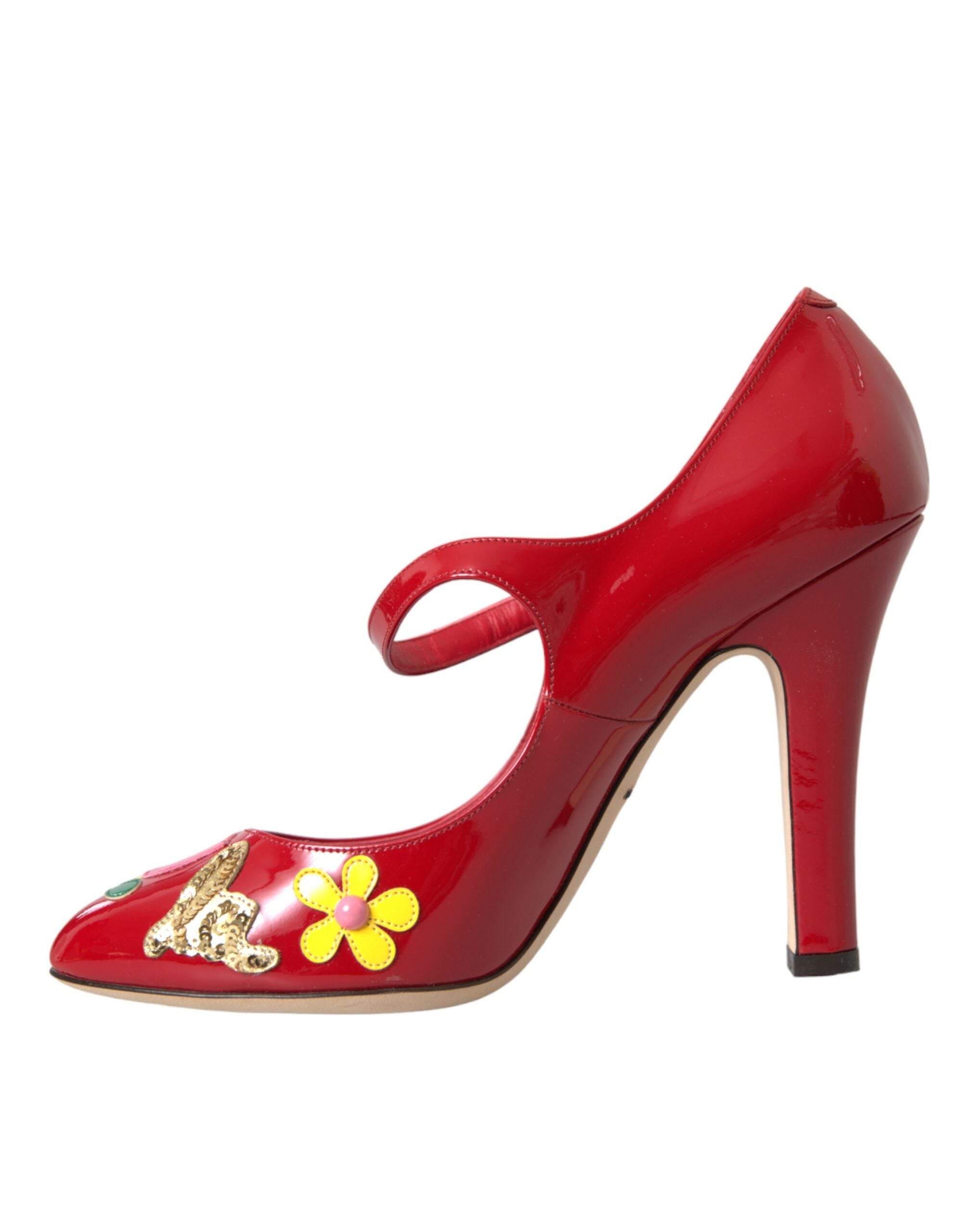 Rode leren Mary Jane pumps met hak en versieringen