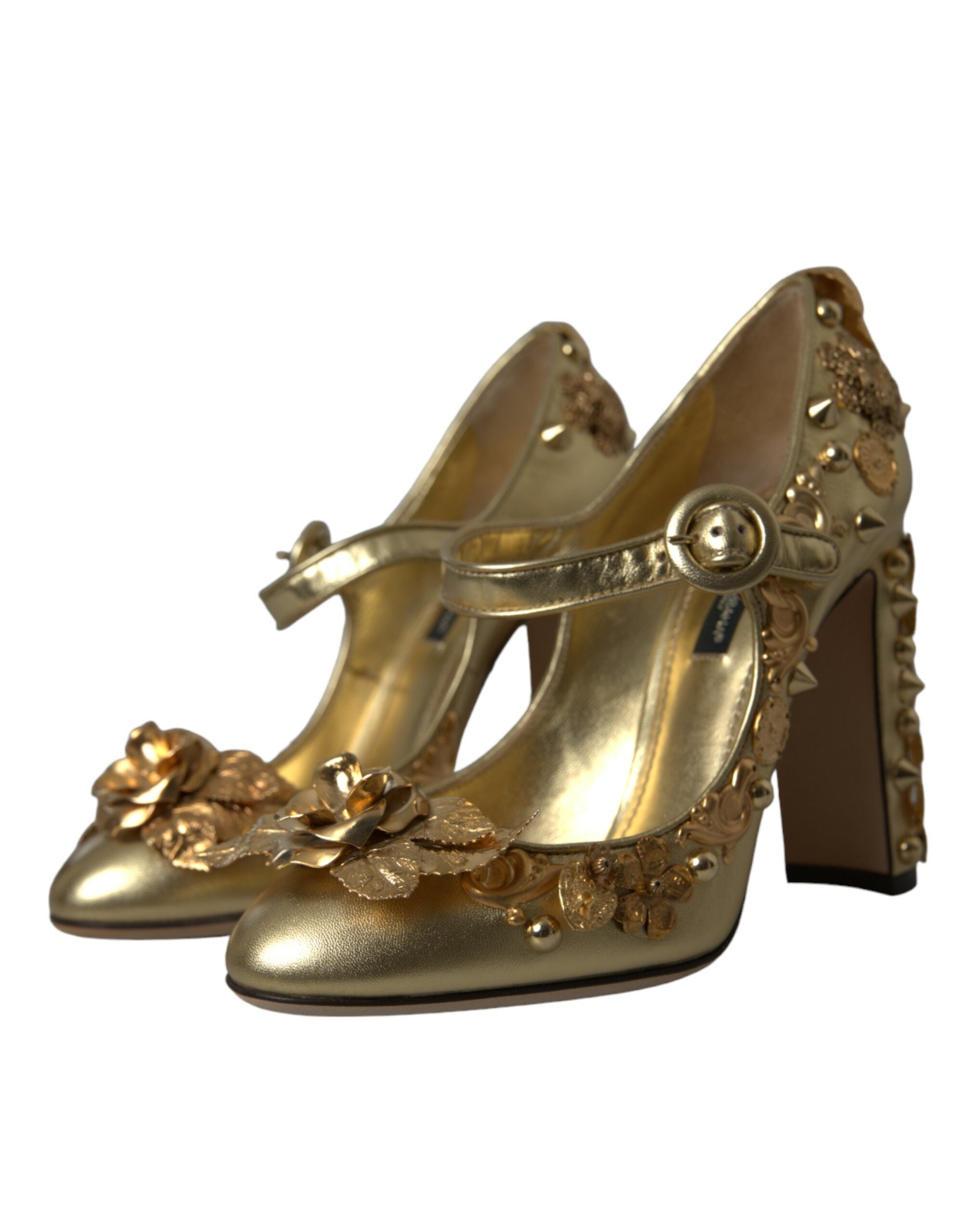 Gouden leren Mary Janes pumps met kristallen